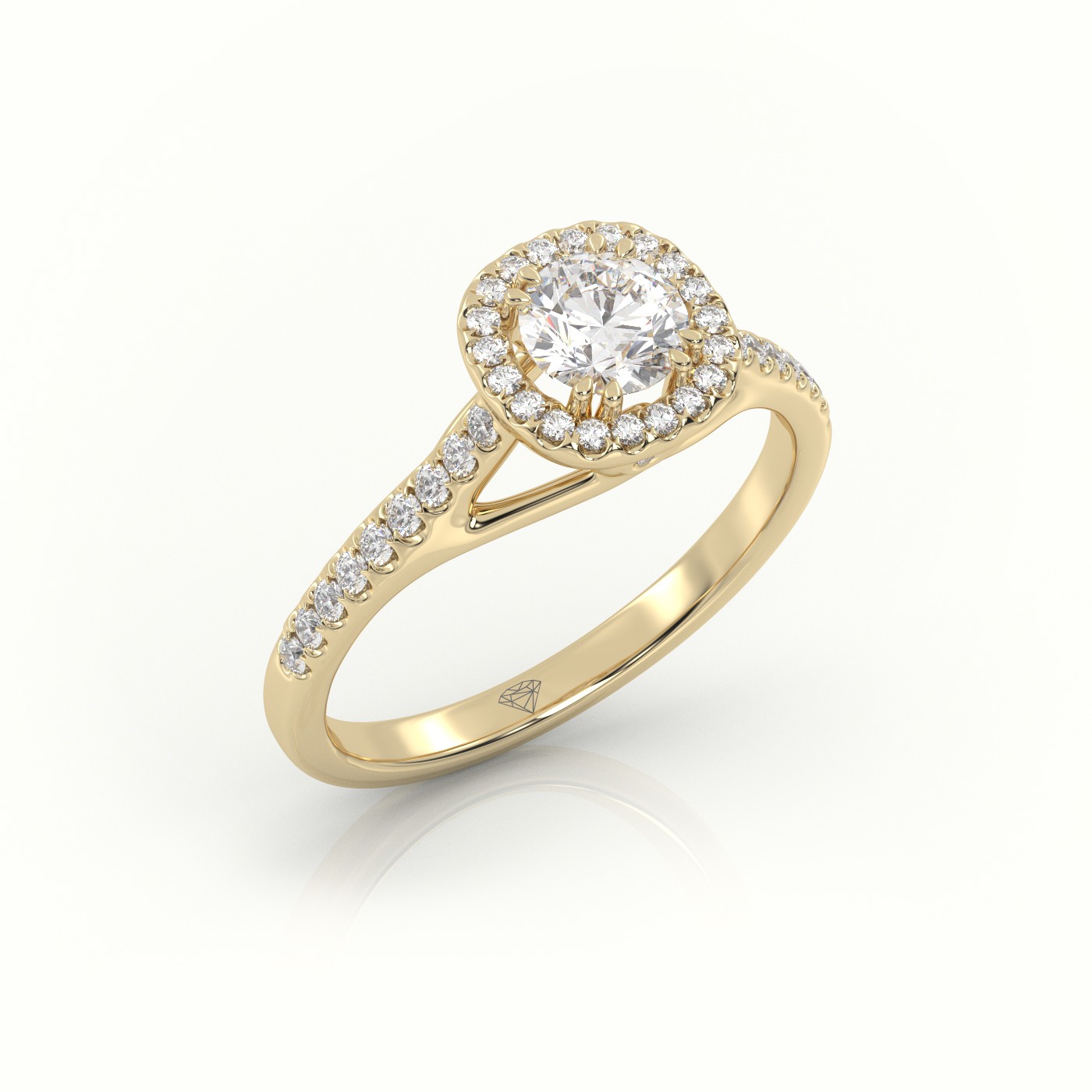 10K YELLOW GOLD ROUND CUT DIAMOND 8 PRONGS HALO SCALLOP SETTING ENGAGEMENT RING