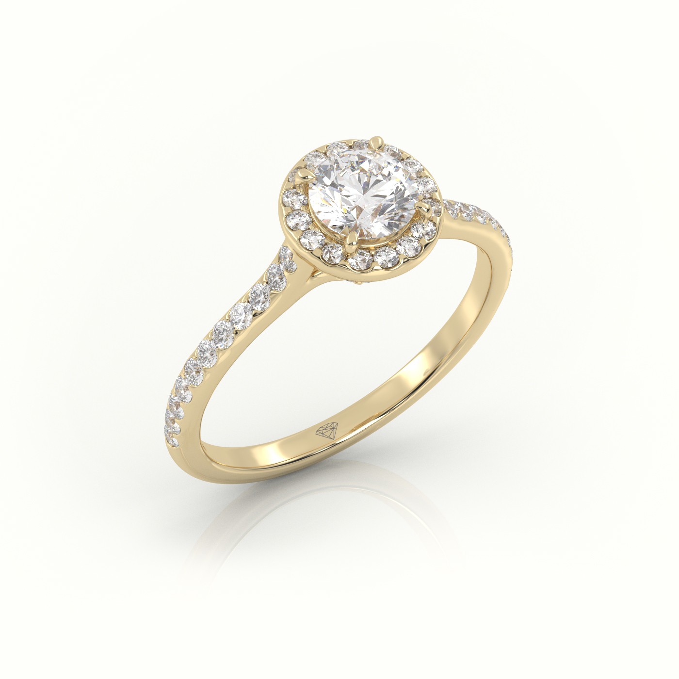 10K YELLOW GOLD ROUND-CUT DIAMOND 4 PRONGS HALO PAVE SETTING ENGAGEMENT RING