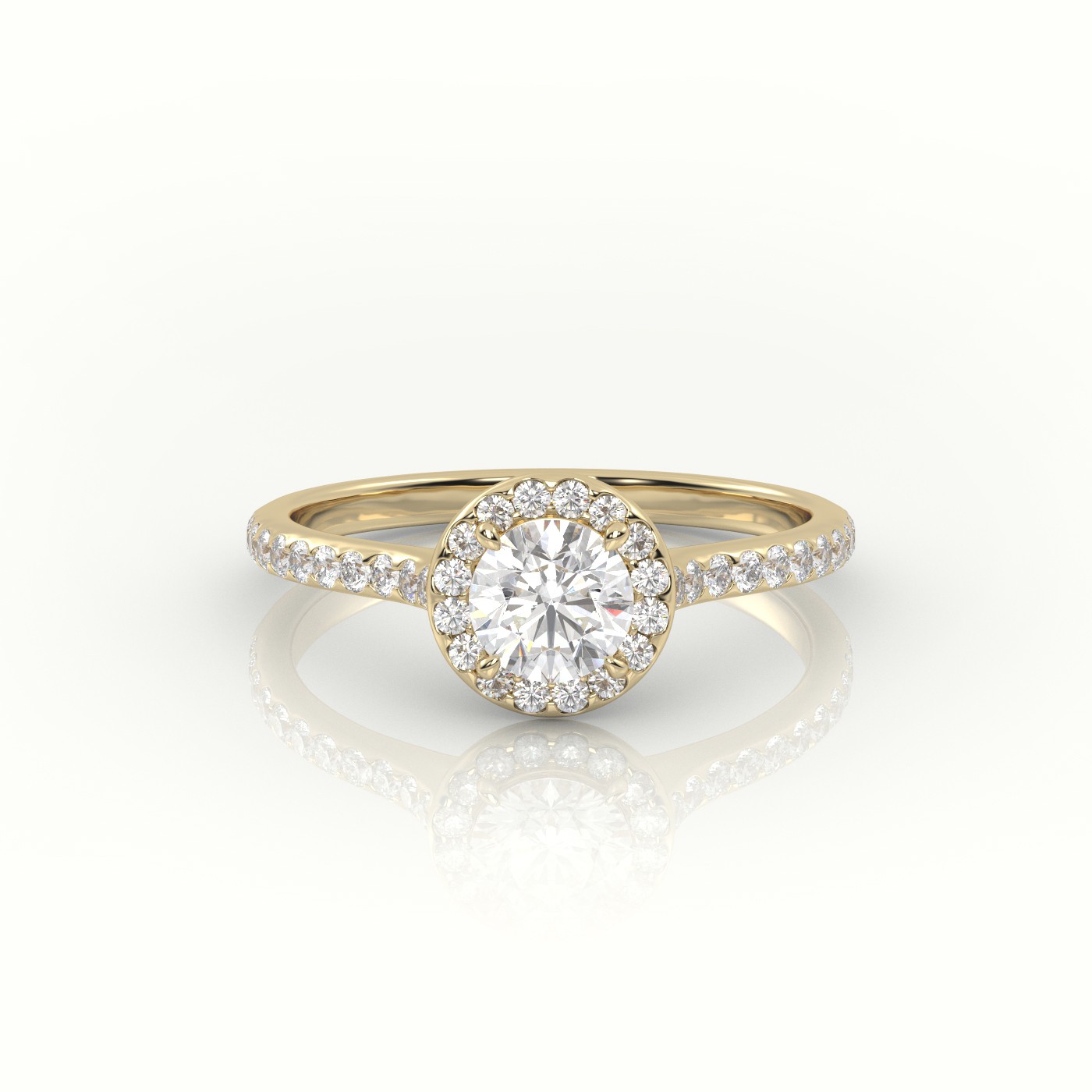 10K YELLOW GOLD ROUND-CUT DIAMOND 4 PRONGS HALO PAVE SETTING ENGAGEMENT RING