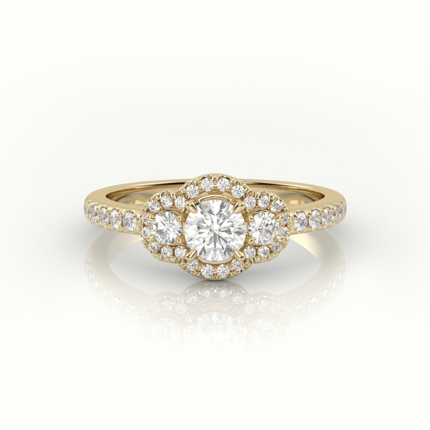10K YELLOW GOLD ROUND-CUT DIAMOND SIDE STONE DESIGNER ENGAGEMENT RING