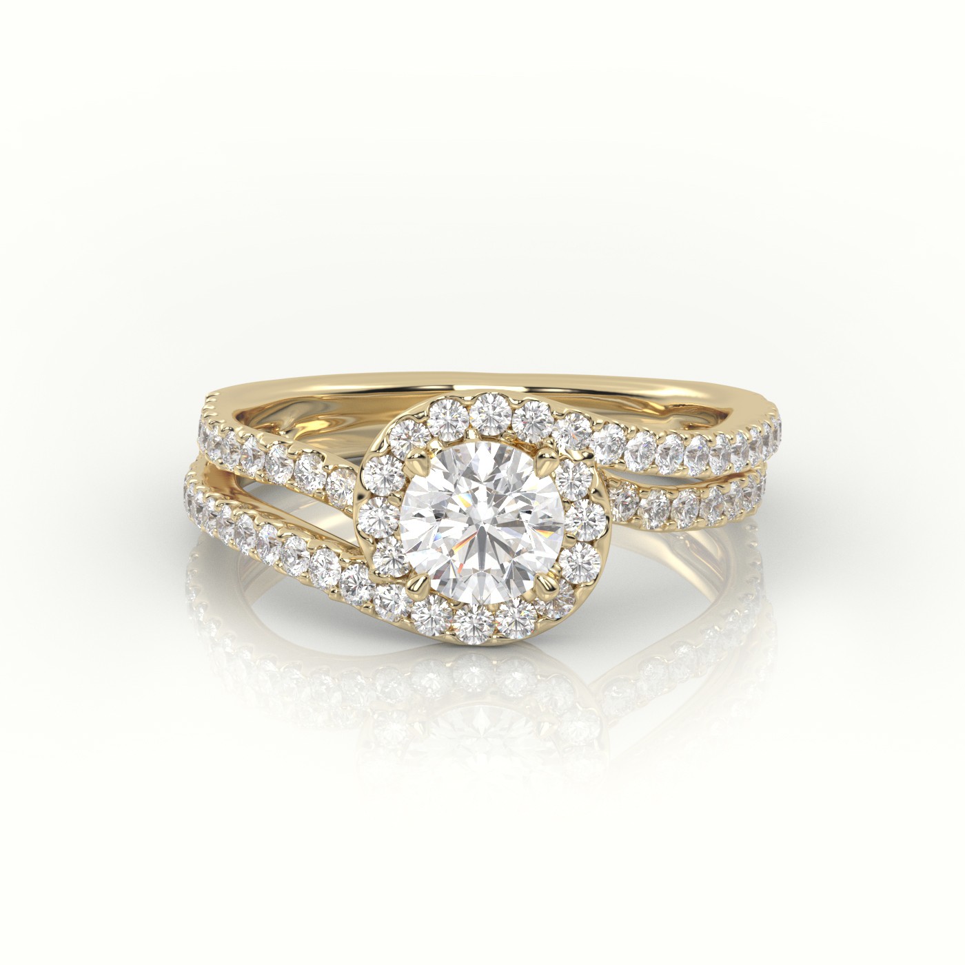 10K YELLOW GOLD ROUND CUT DIAMOND 4 PRONGS DOUBLE SWIRL DESIGNER ENGAGEMENT RING