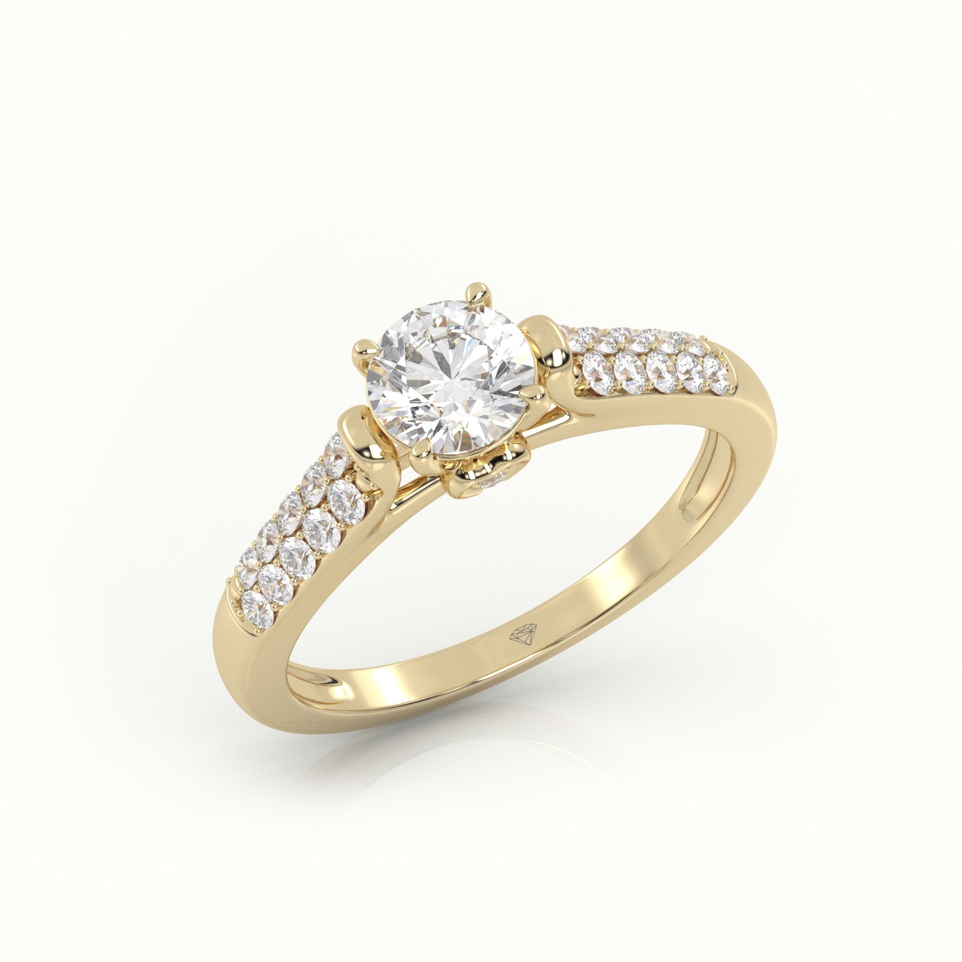 10K YELLOW GOLD ROUND CUT DIAMOND 4 PRONGS DOUBLE PAVE SETTING ENGAGEMENT RING