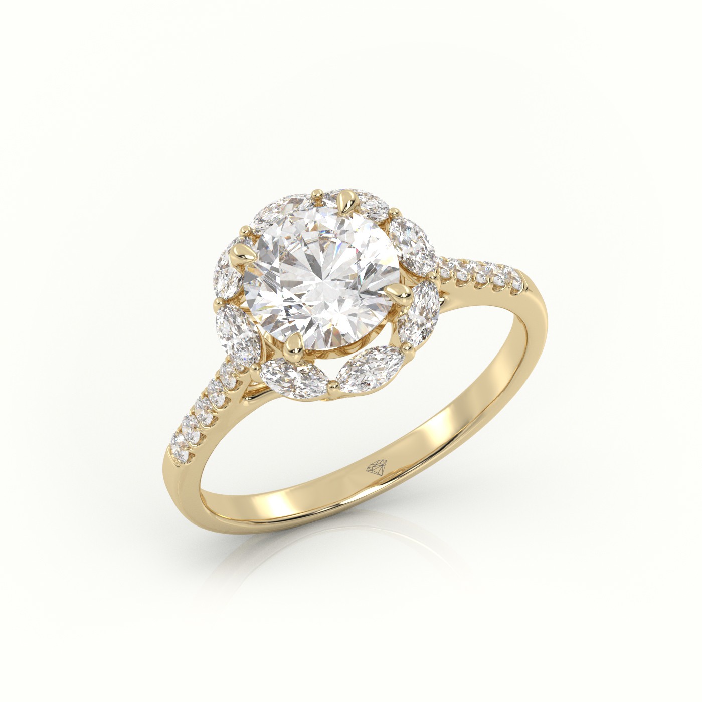 10K YELLOW GOLD ROUND CUT DIAMOND 4 PRONGS HALO PAVE SETTING ENGAGEMENT RING