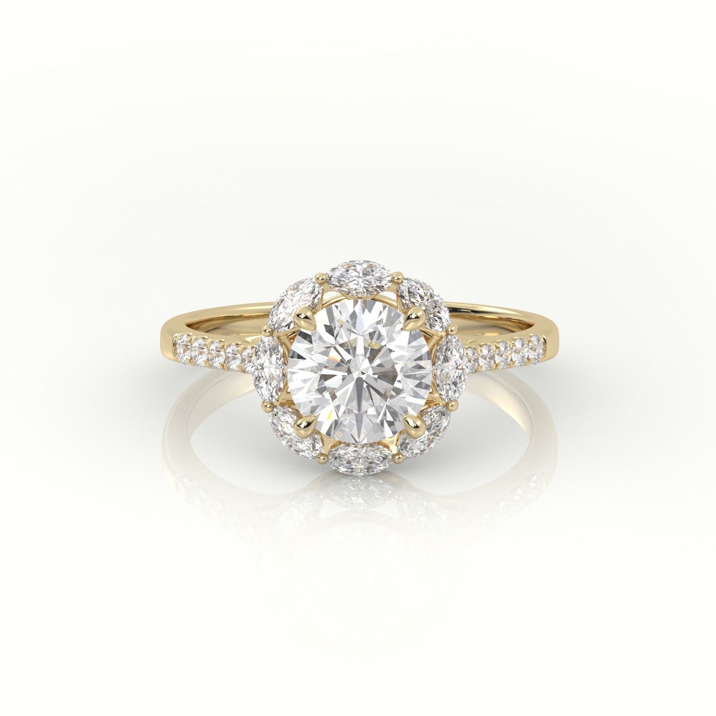 10K YELLOW GOLD ROUND CUT DIAMOND 4 PRONGS HALO PAVE SETTING ENGAGEMENT RING