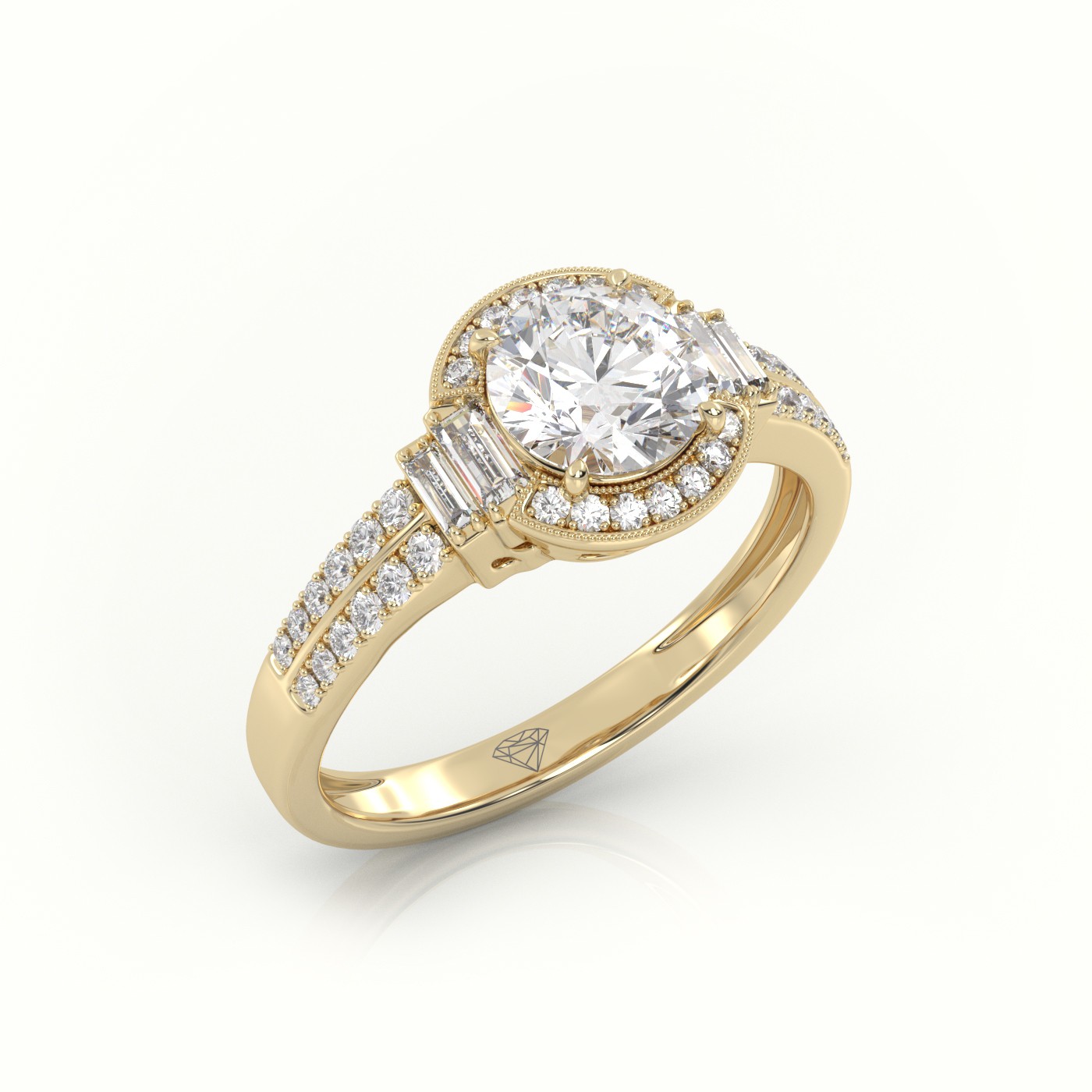 10K YELLOW GOLD ROUND CUT DIAMOND DESIGNER MILGRAIN SETTING ENGAGEMENT RING