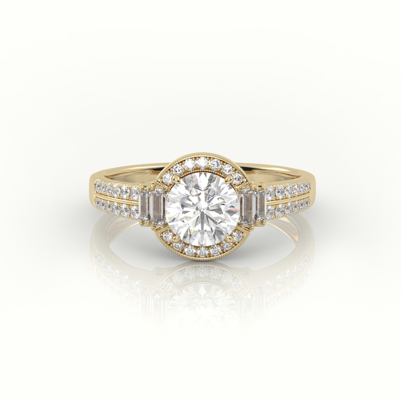 10K YELLOW GOLD ROUND CUT DIAMOND DESIGNER MILGRAIN SETTING ENGAGEMENT RING