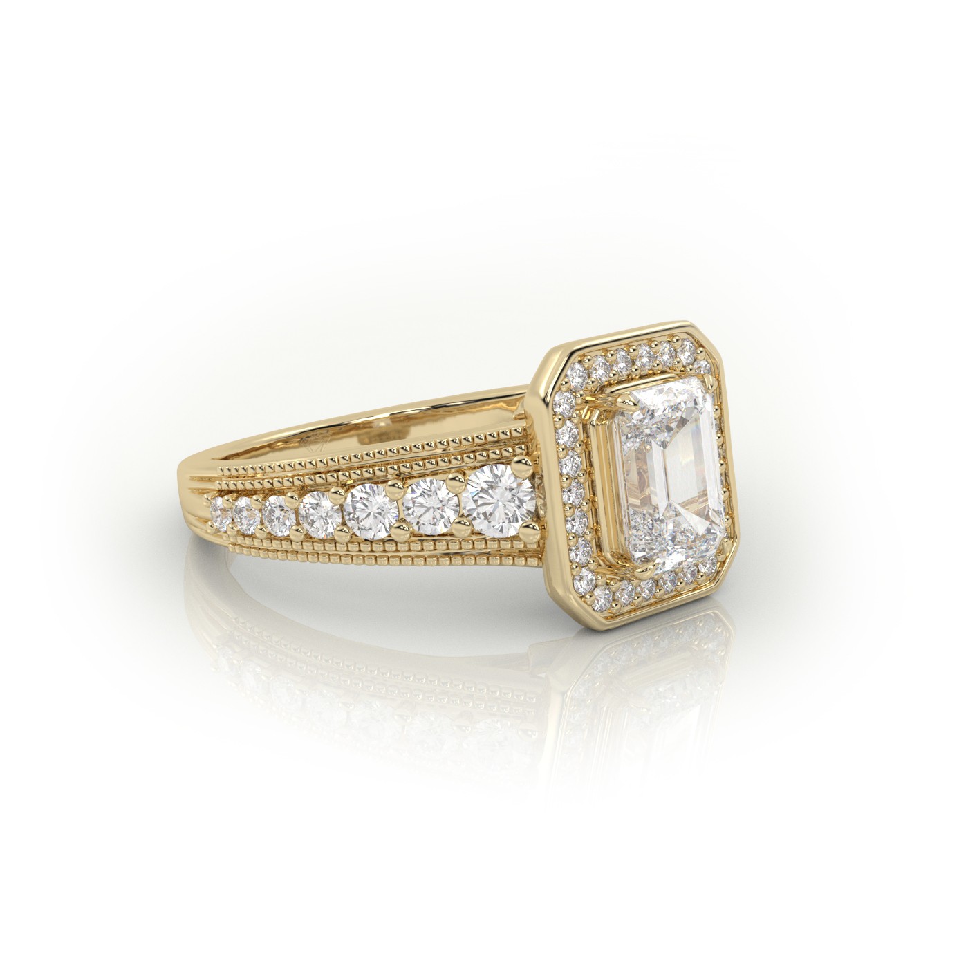 10K YELLOW GOLD EMERALD CUT 4 PRONGS MILGRAIN SET DESIGNER ENGAGEMENT RING