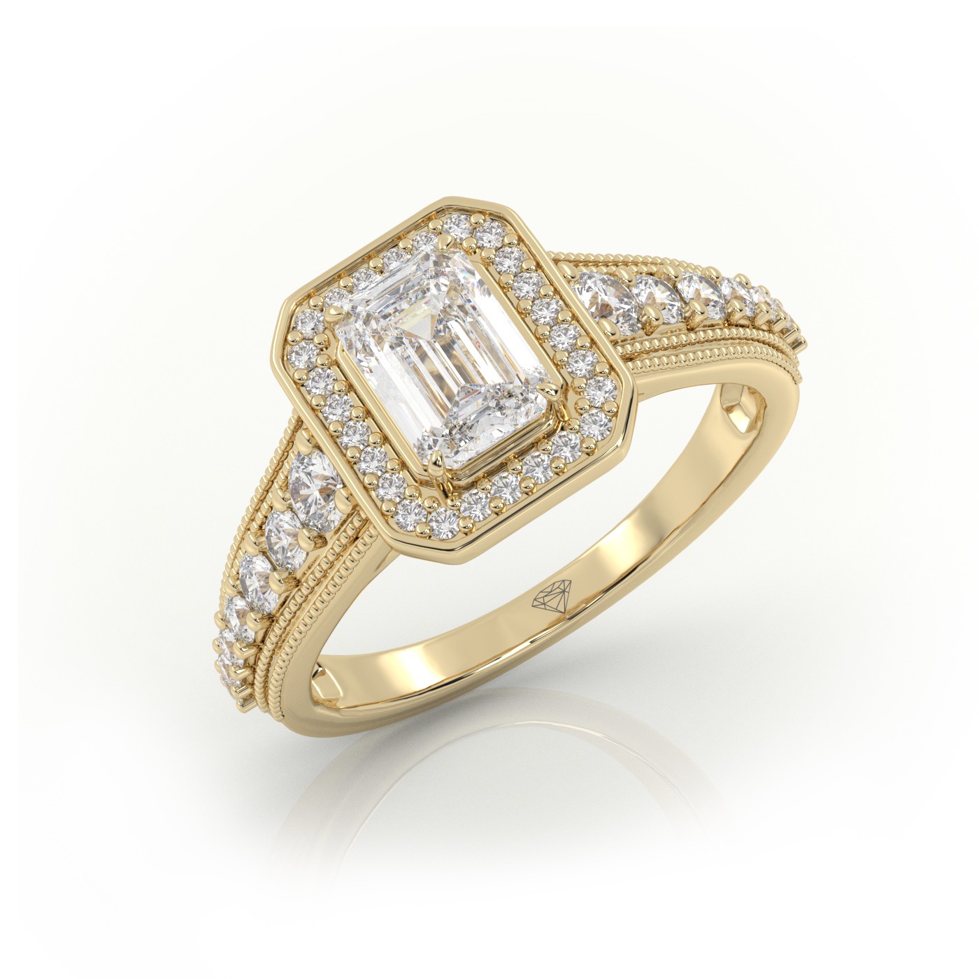 10K YELLOW GOLD EMERALD CUT 4 PRONGS MILGRAIN SET DESIGNER ENGAGEMENT RING