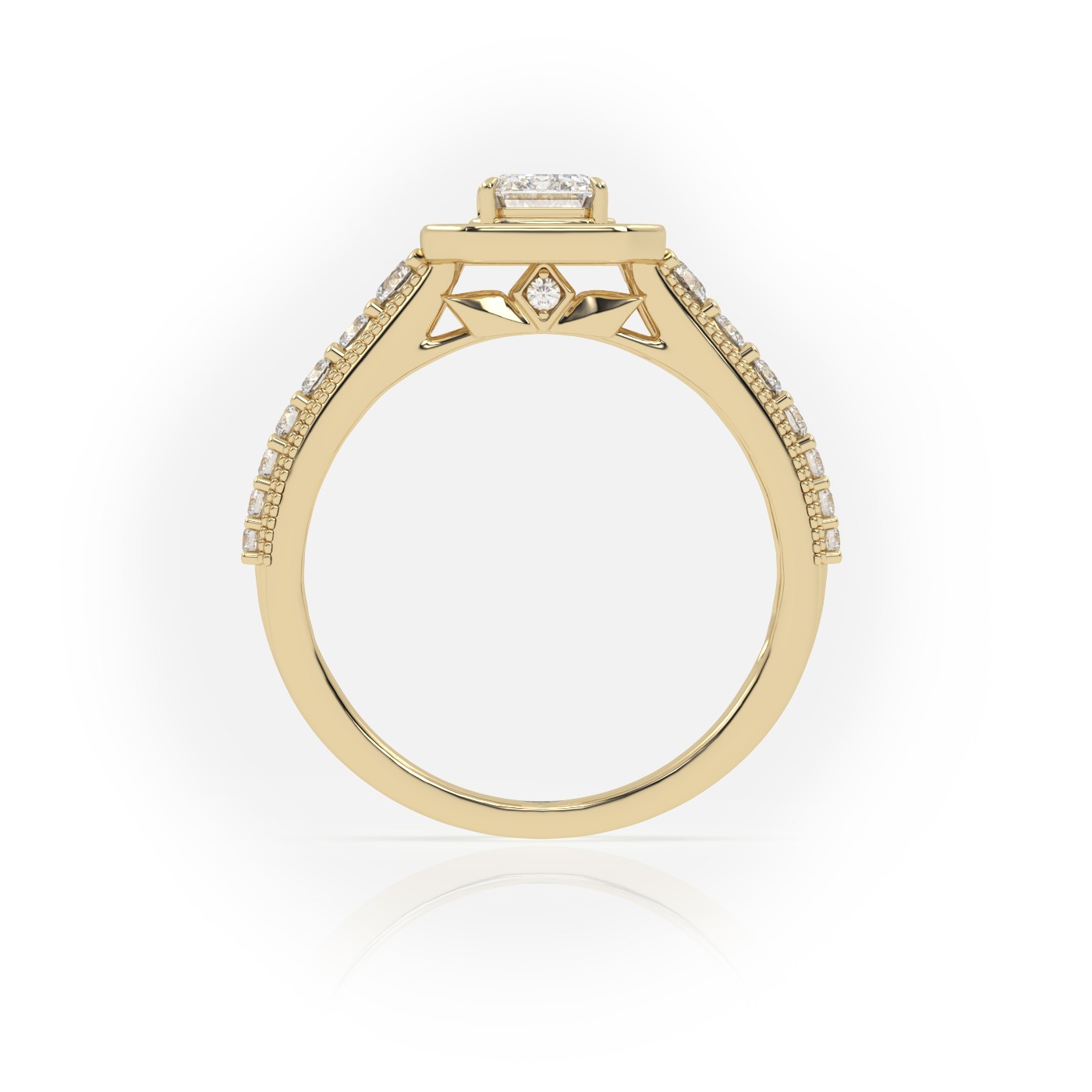 10K YELLOW GOLD EMERALD CUT 4 PRONGS MILGRAIN SET DESIGNER ENGAGEMENT RING