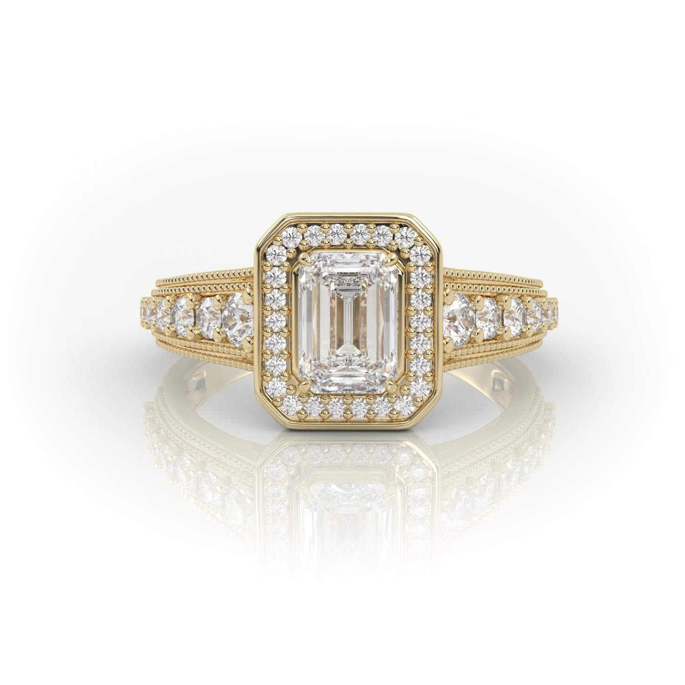 10K YELLOW GOLD EMERALD CUT 4 PRONGS MILGRAIN SET DESIGNER ENGAGEMENT RING