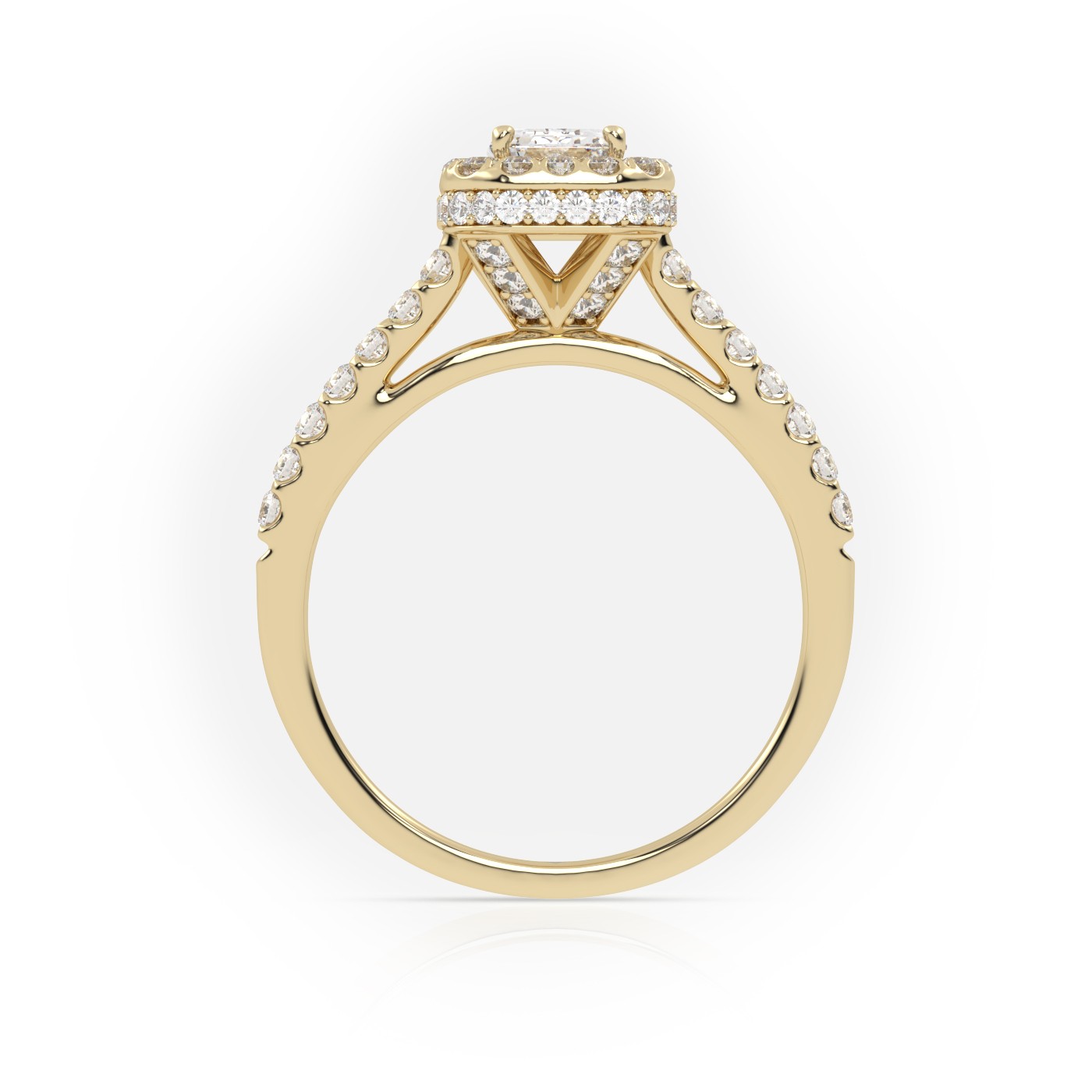 10K YELLOW GOLD EMERALD CUT 4 PRONGS HALO SCALLOP SET ENGAGEMENT RING