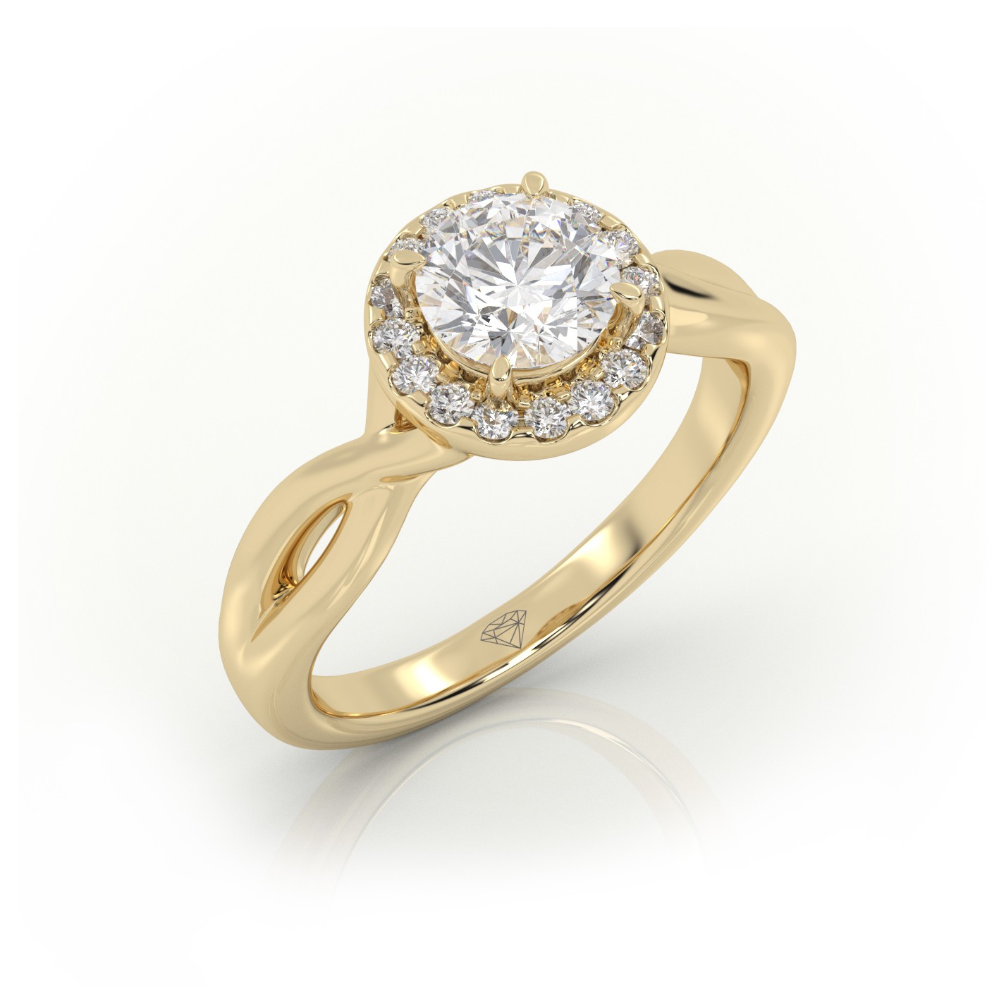 10K YELLOW GOLD ROUND CUT 4 PRONGS HALO TWISTED DESIGNER ENGAGEMENT RING