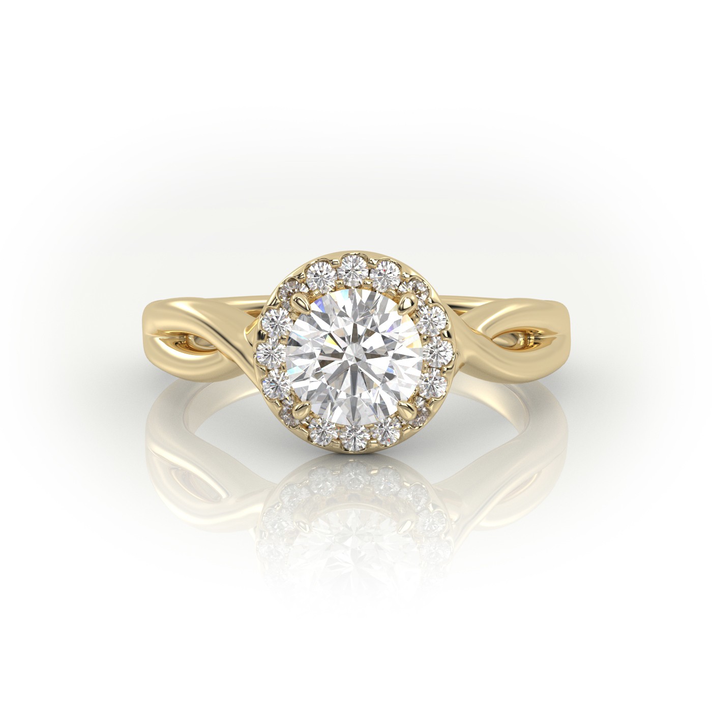 10K YELLOW GOLD ROUND CUT 4 PRONGS HALO TWISTED DESIGNER ENGAGEMENT RING