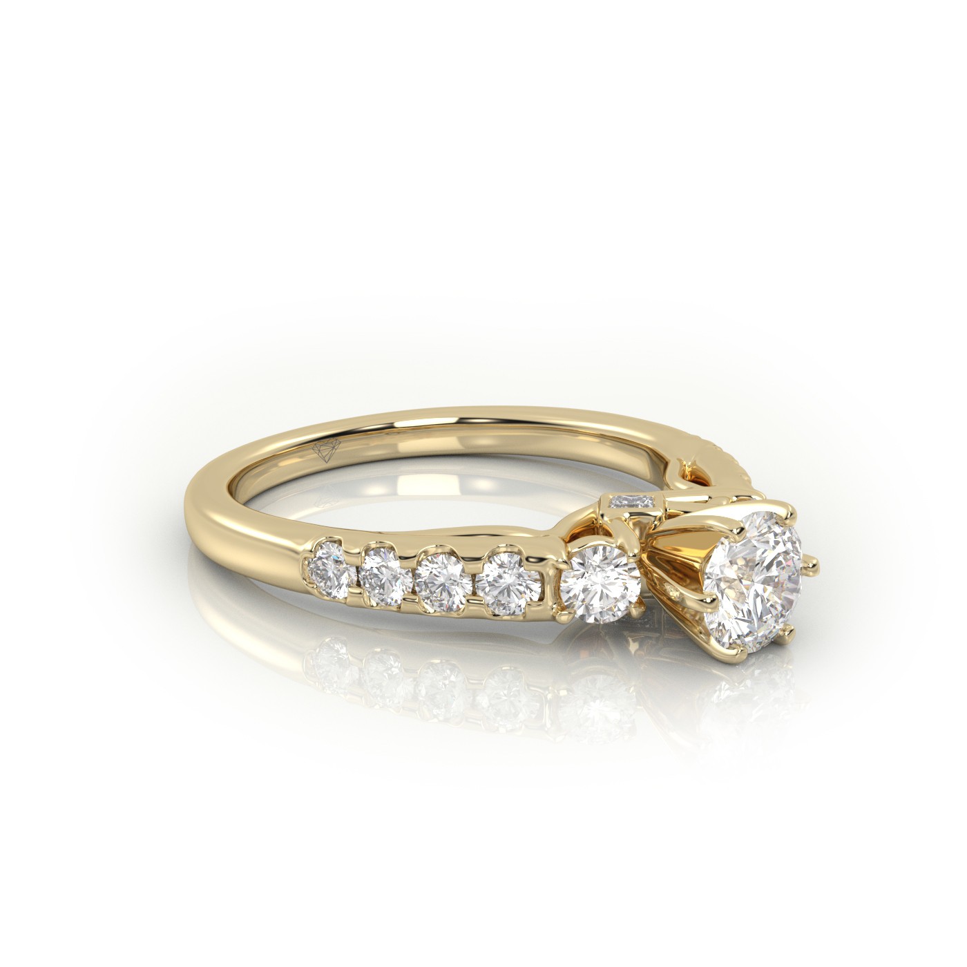 10K YELLOW GOLD ROUND CUT 6 PRONGS SIDE STONE SCALLOP SET ENGAGEMENT RING