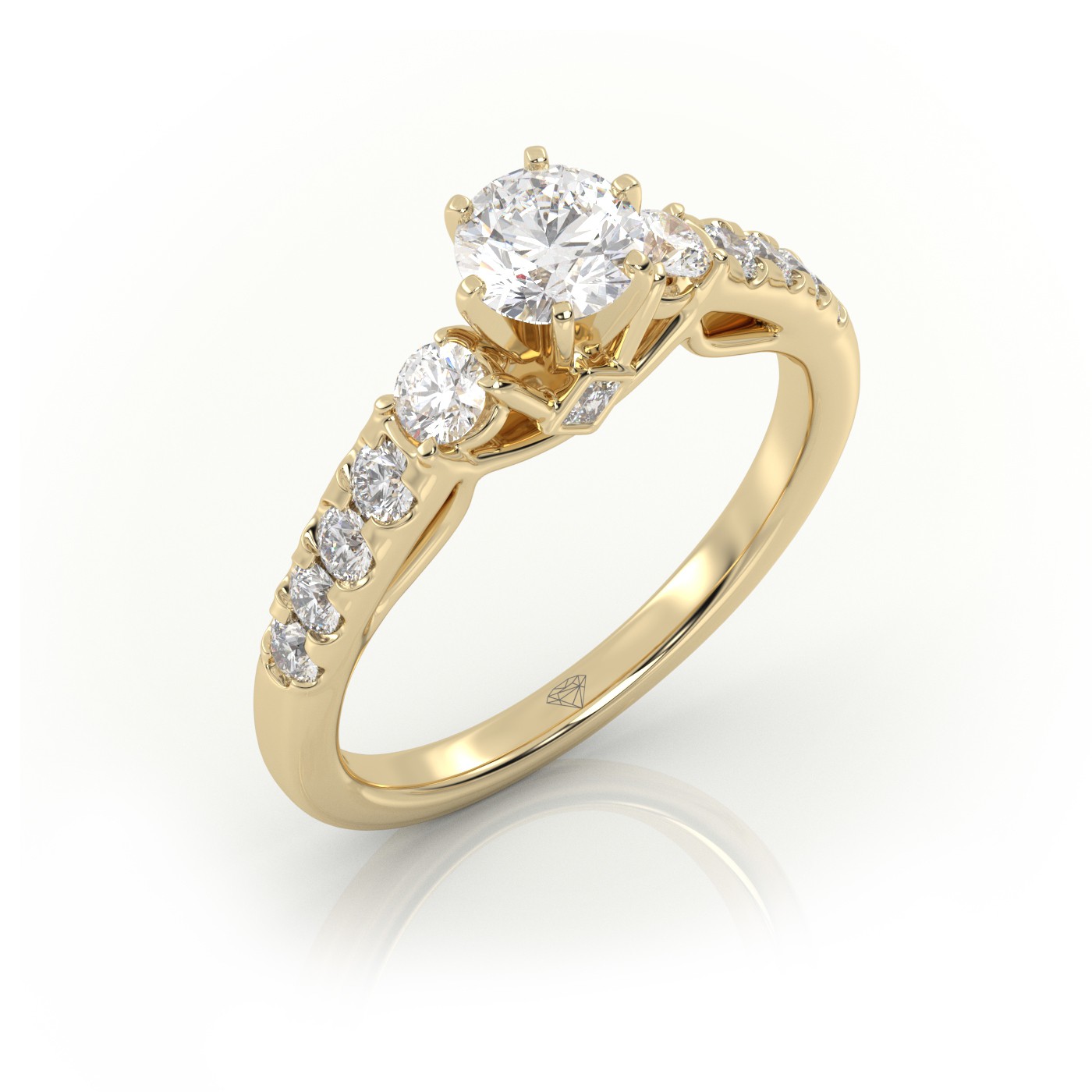 10K YELLOW GOLD ROUND CUT 6 PRONGS SIDE STONE SCALLOP SET ENGAGEMENT RING