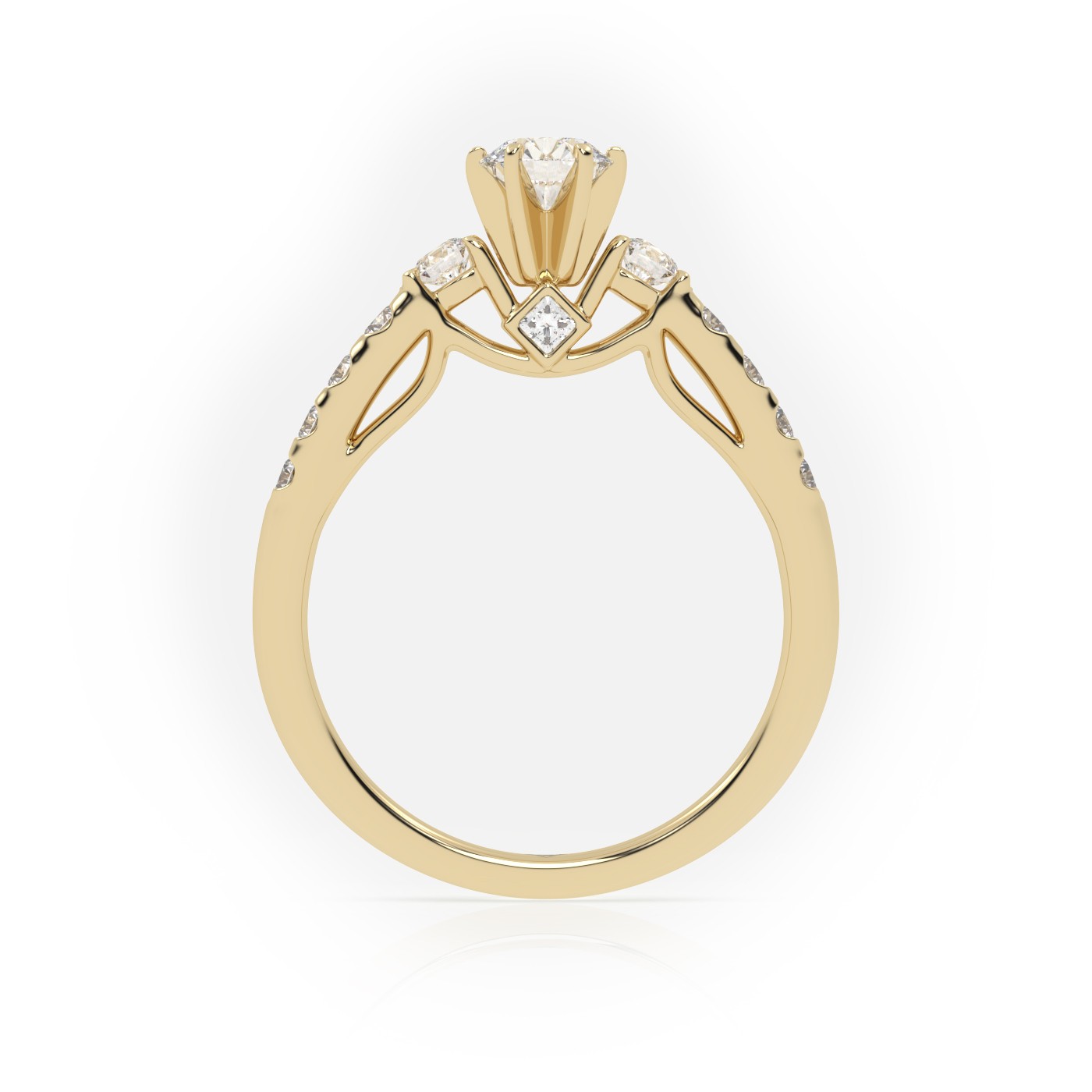 10K YELLOW GOLD ROUND CUT 6 PRONGS SIDE STONE SCALLOP SET ENGAGEMENT RING