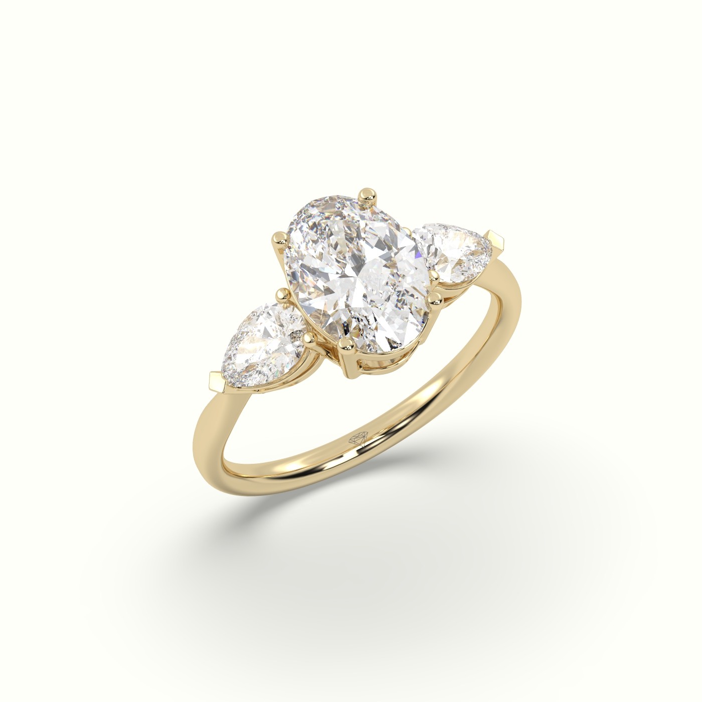 10K YELLOW GOLD Oval Diamond 4 round prongs Trilogy Ring pear shape side stone
