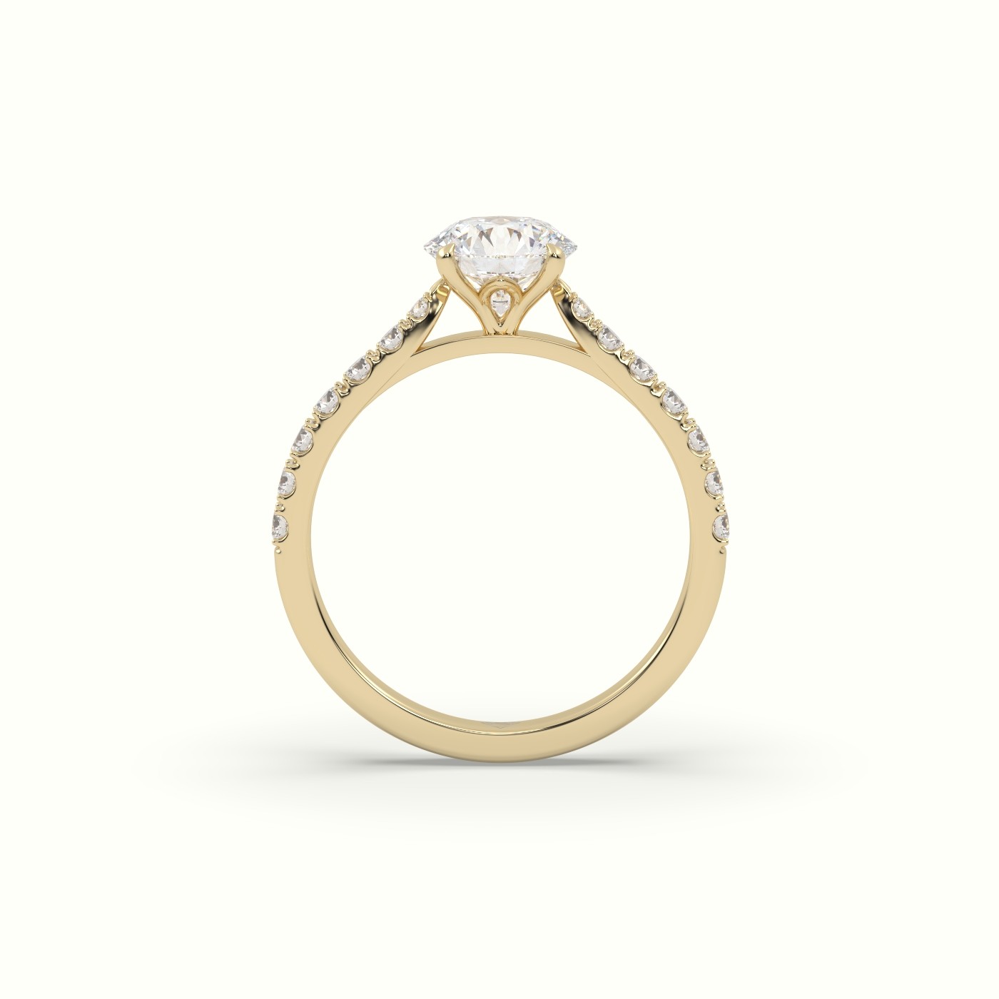 10K Yellow Gold Round Cut Diamond 4 round prongs Pave Band Ring