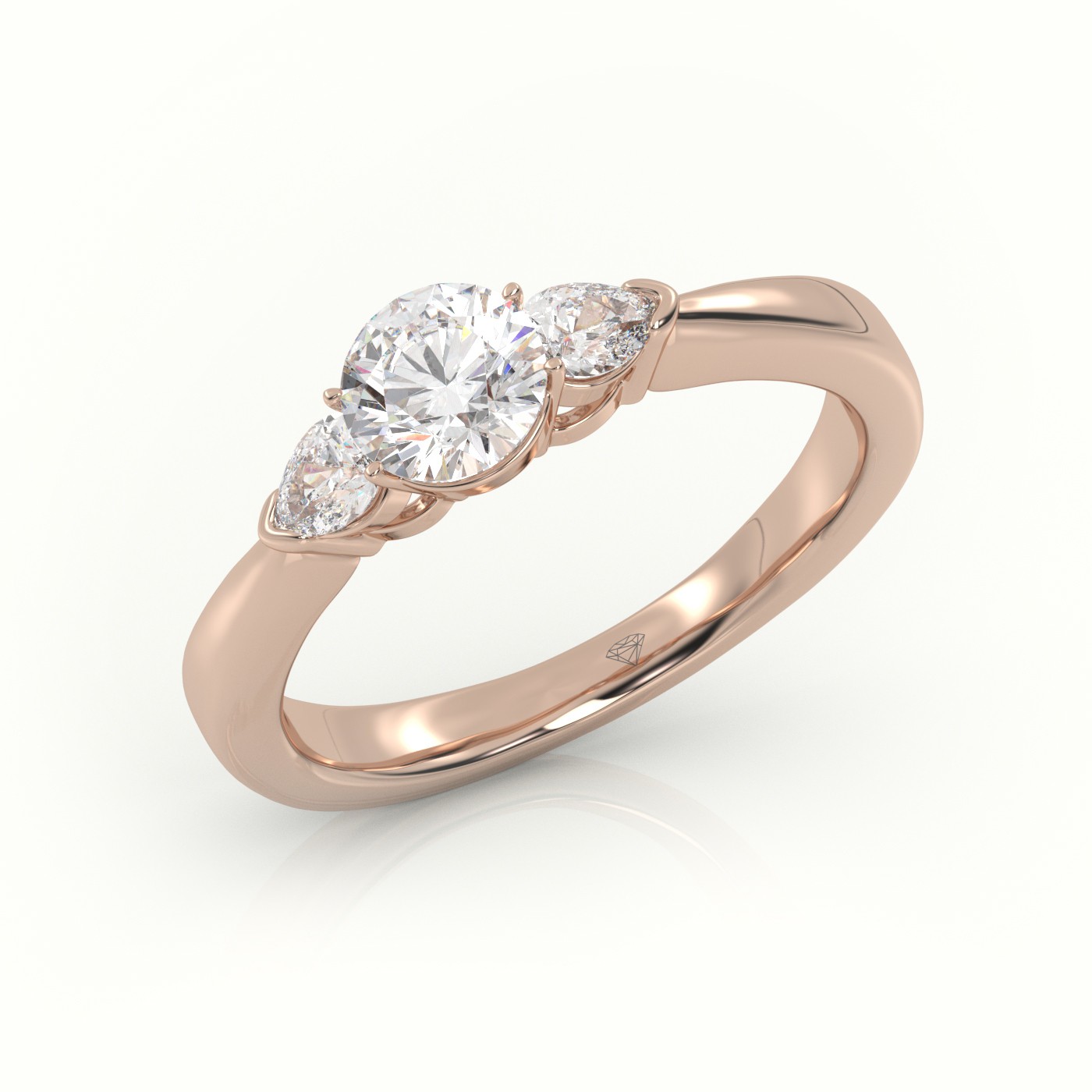 18K ROSE GOLD ROUND CUT DIAMOND 4 PRONGS PEAR SIDE STONE ENGAGEMENT RING