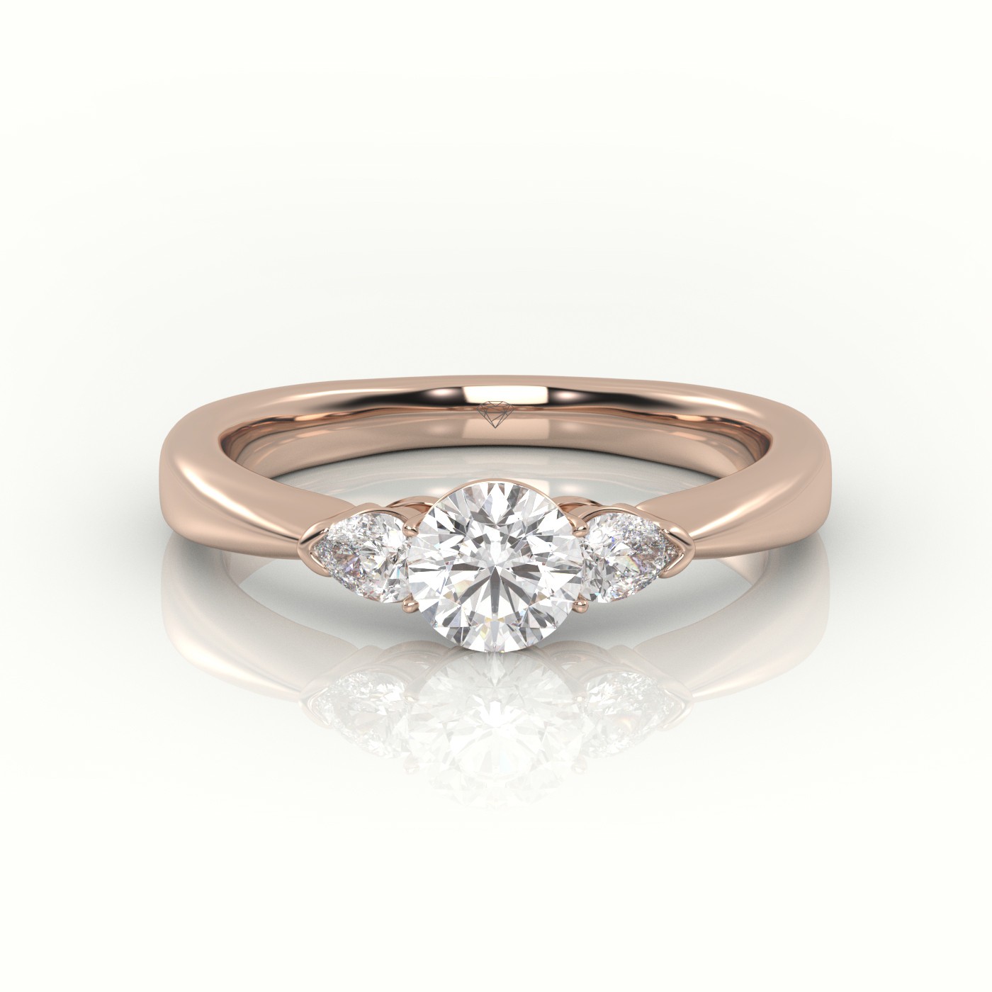 18K ROSE GOLD ROUND CUT DIAMOND 4 PRONGS PEAR SIDE STONE ENGAGEMENT RING