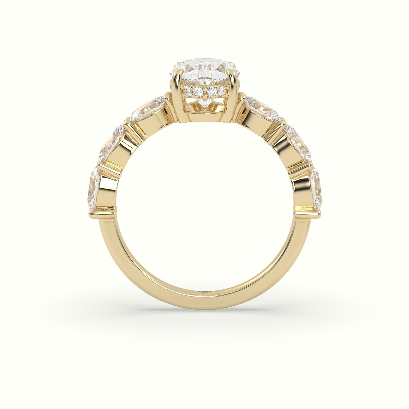 10K Yellow Gold Oval Diamond Engagement Ring with Side Ovals