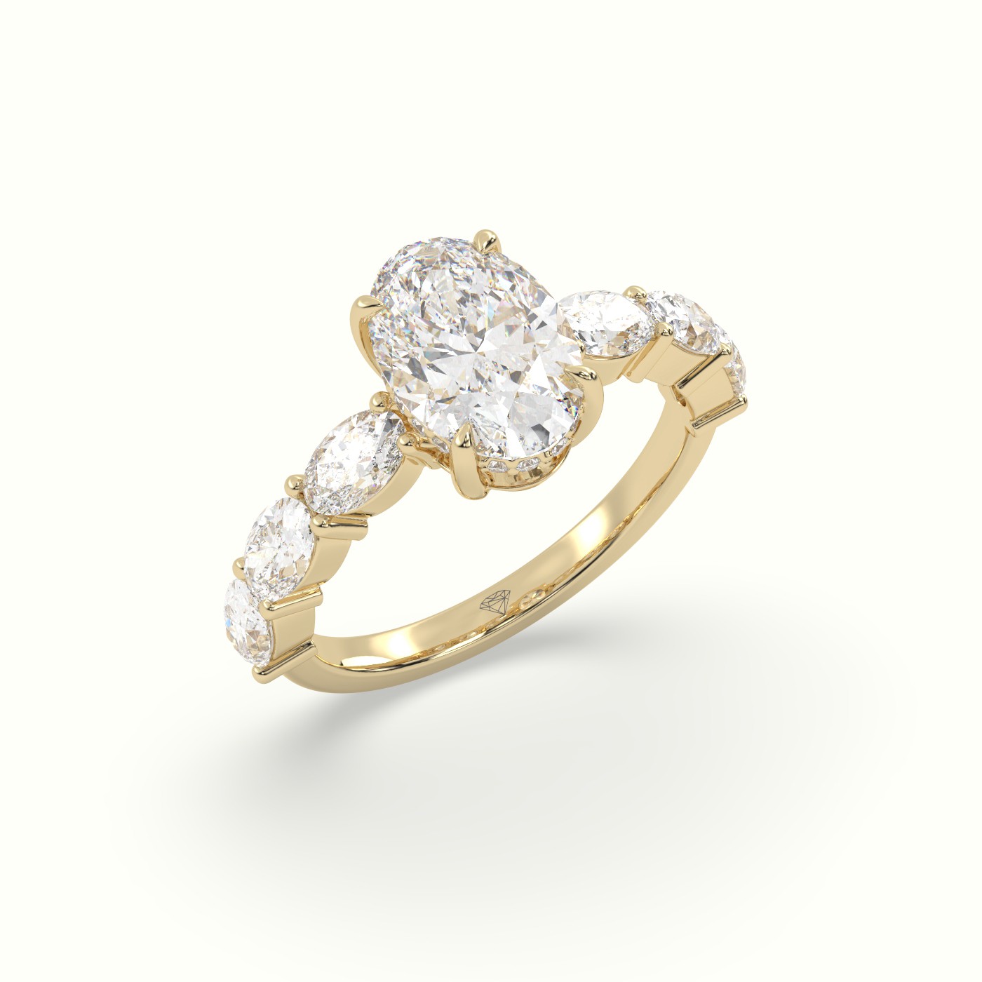 10K Yellow Gold Oval Diamond Engagement Ring with Side Ovals