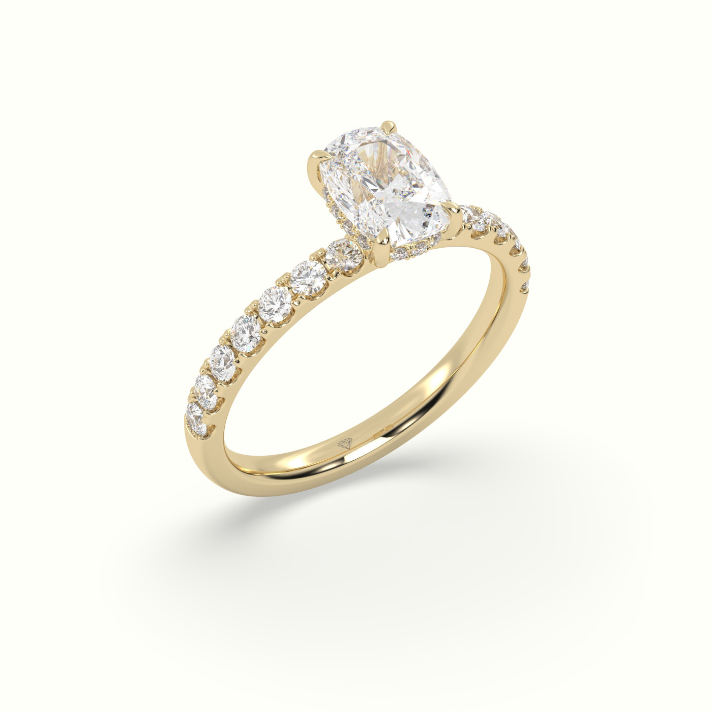 10K Yellow Gold Cushion Cut Hidden Halo Side Stone Engagement Ring
