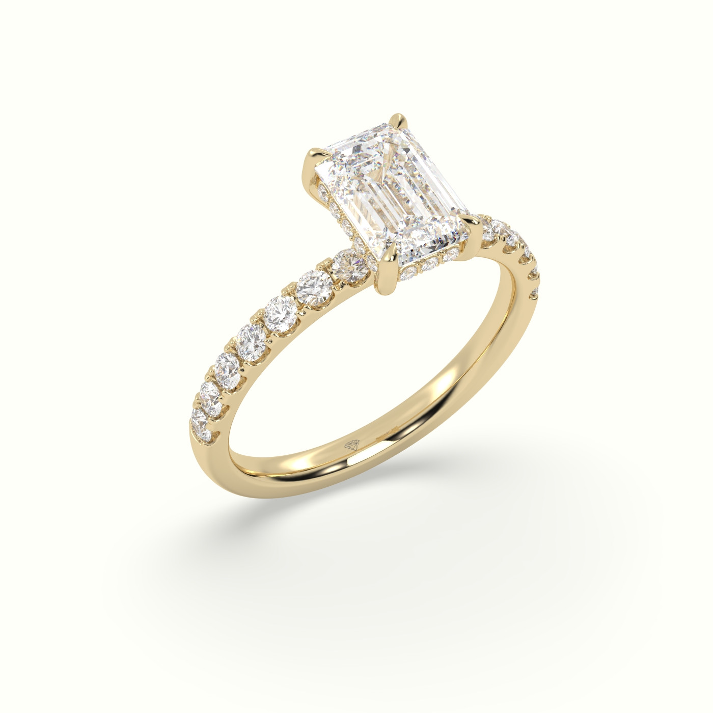 10K Yellow Gold Emerald Cut Hidden Halo Side Stone Engagement Ring