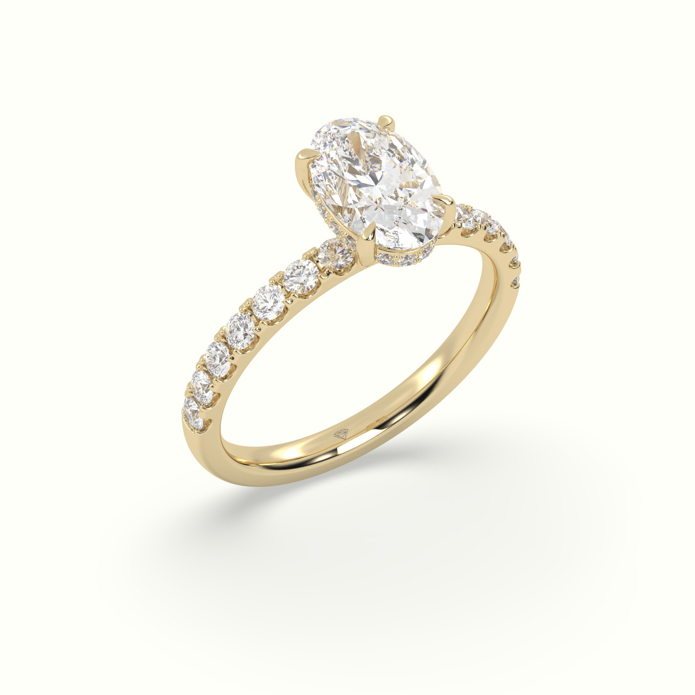 10K Yellow Gold Oval Cut Hidden Halo Side Stone Engagement Ring