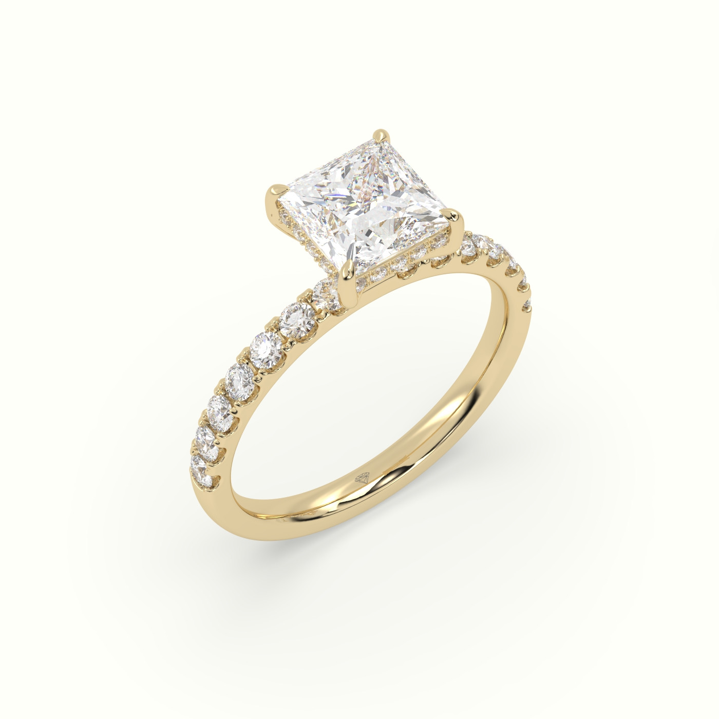 10K Yellow Gold Princess Cut Hidden Halo Side Stone Engagement Ring