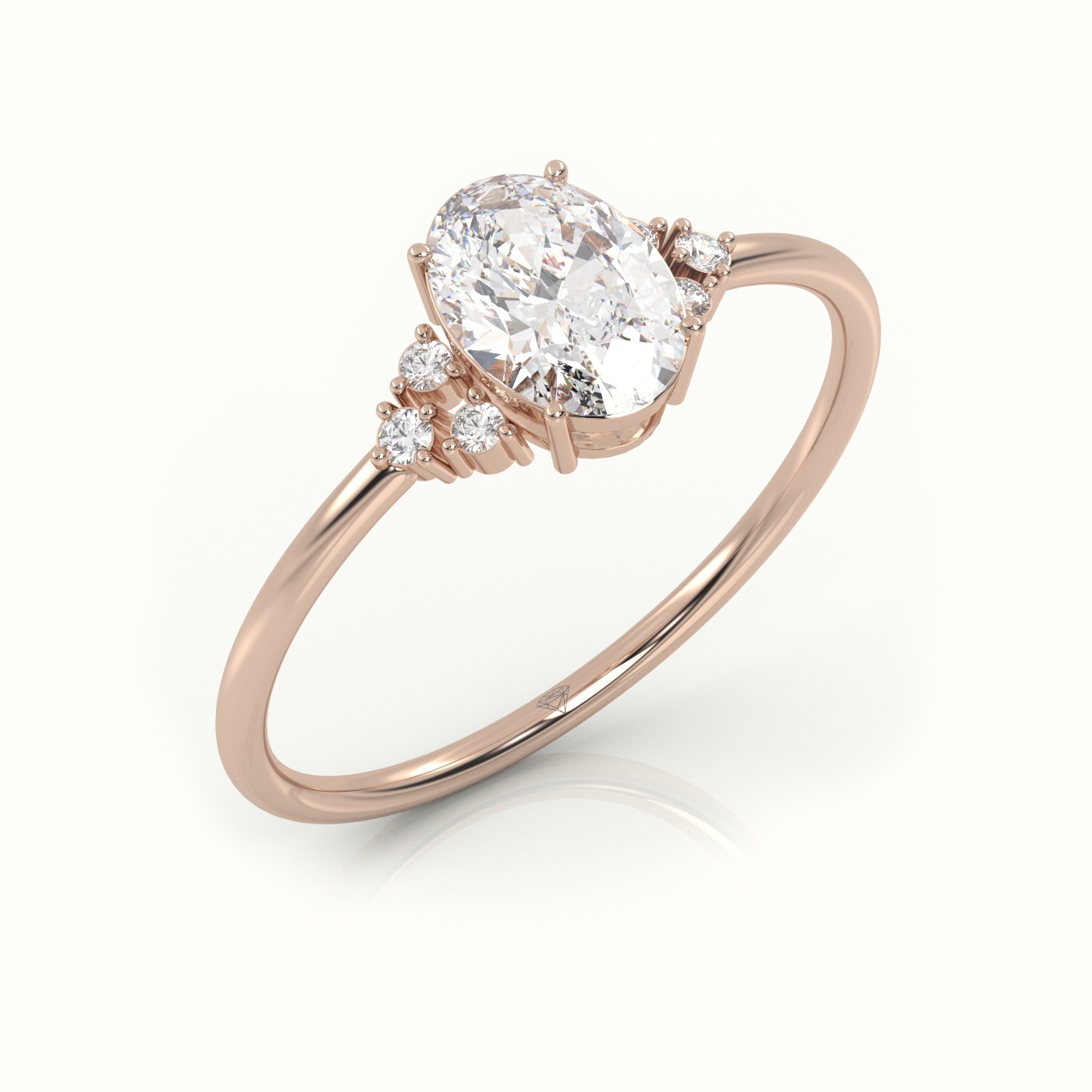 10K ROSE GOLD OVAL CUT DIAMOND 4 PRONGS SIDE STONE DESIGNER RING