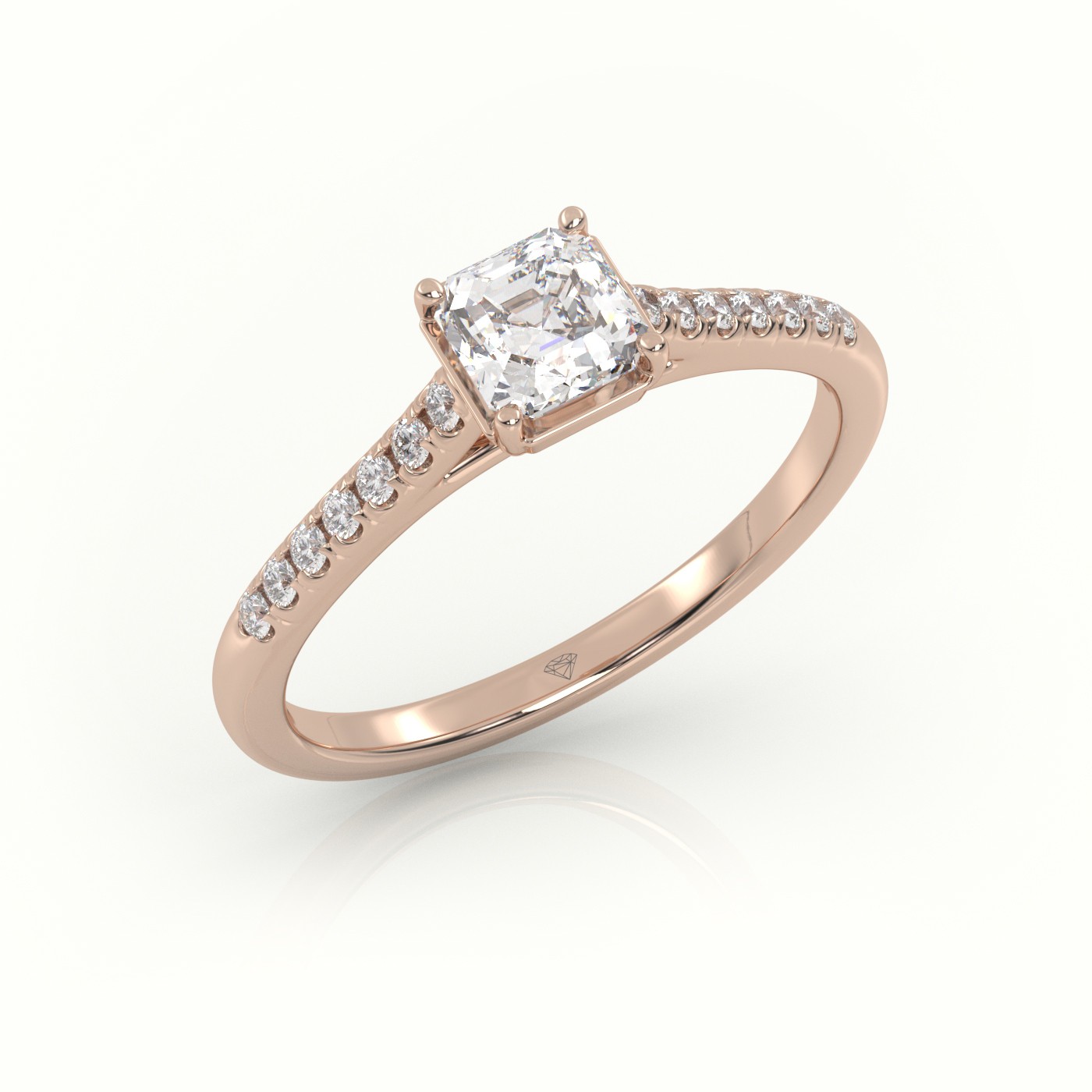 18K ROSE GOLD ASSCHER CUT DIAMOND 4 PRONGS PAVE SETTING ENGAGEMENT RING