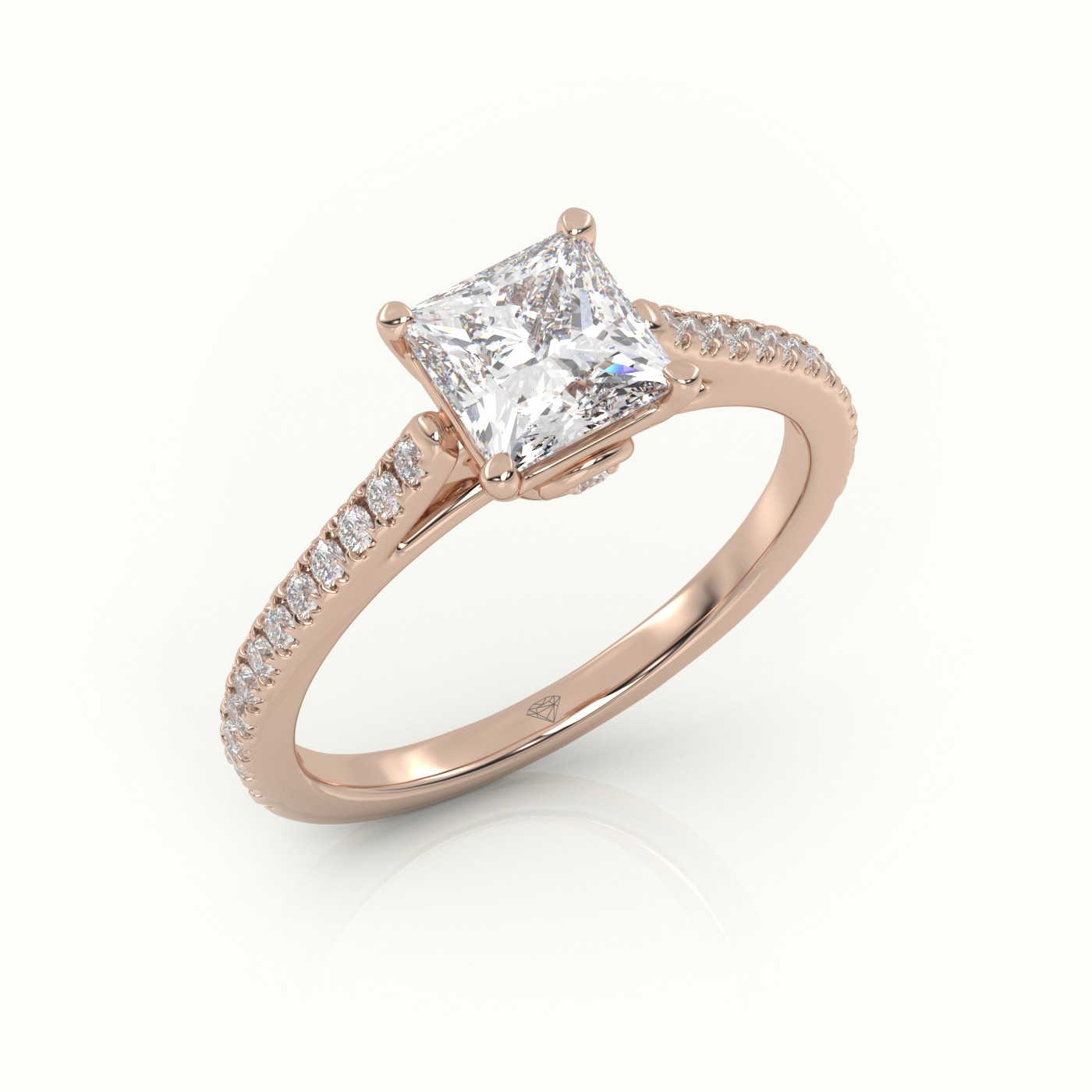 10K ROSE GOLD PRINCESS CUT DIAMOND 4 PRONGS PAVE SETTING ENGAGEMENT RING