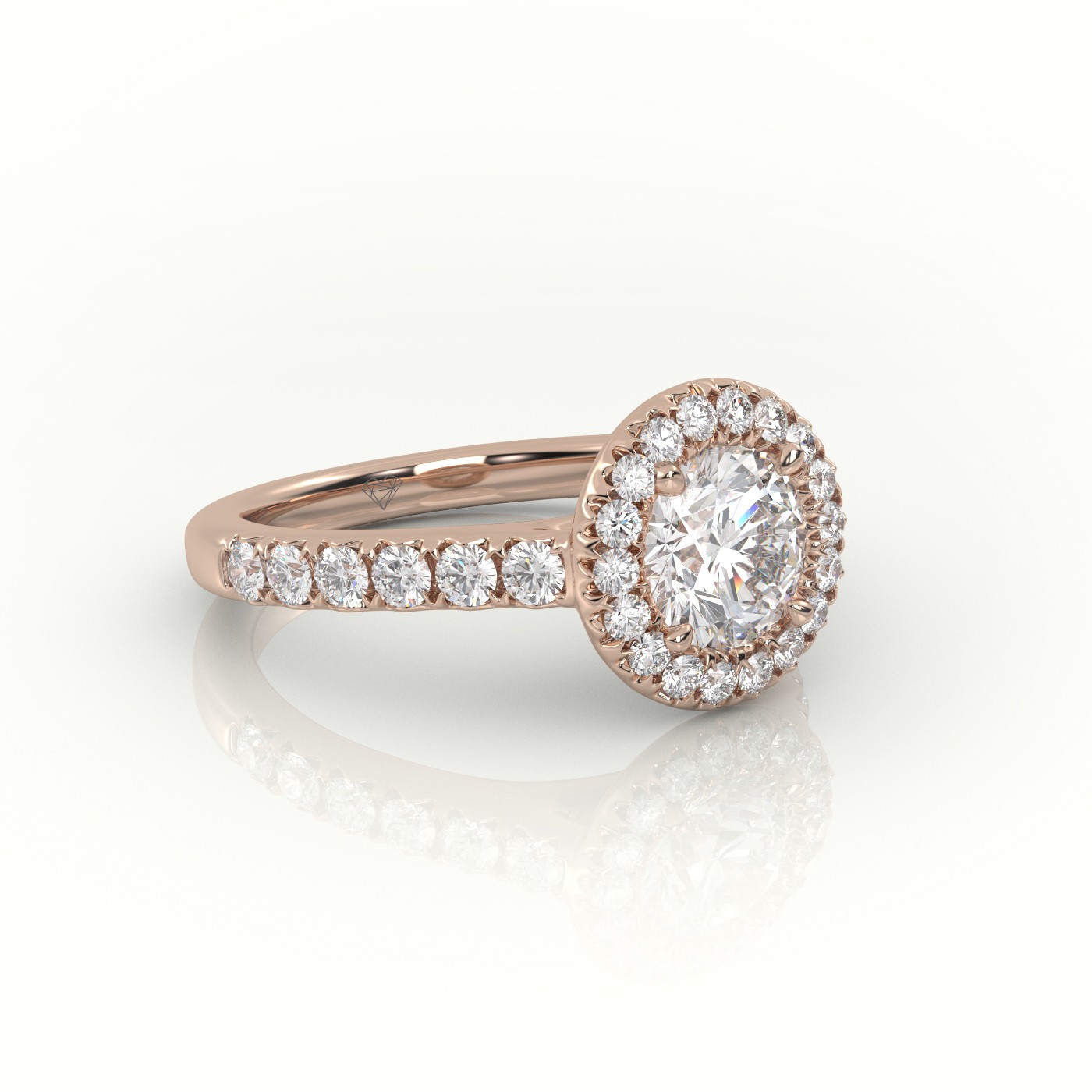 10K ROSE GOLD ROUND-CUT-DIAMOND 4 PRONGS HALO SCALLOP SETTING ENGAGEMENT RING