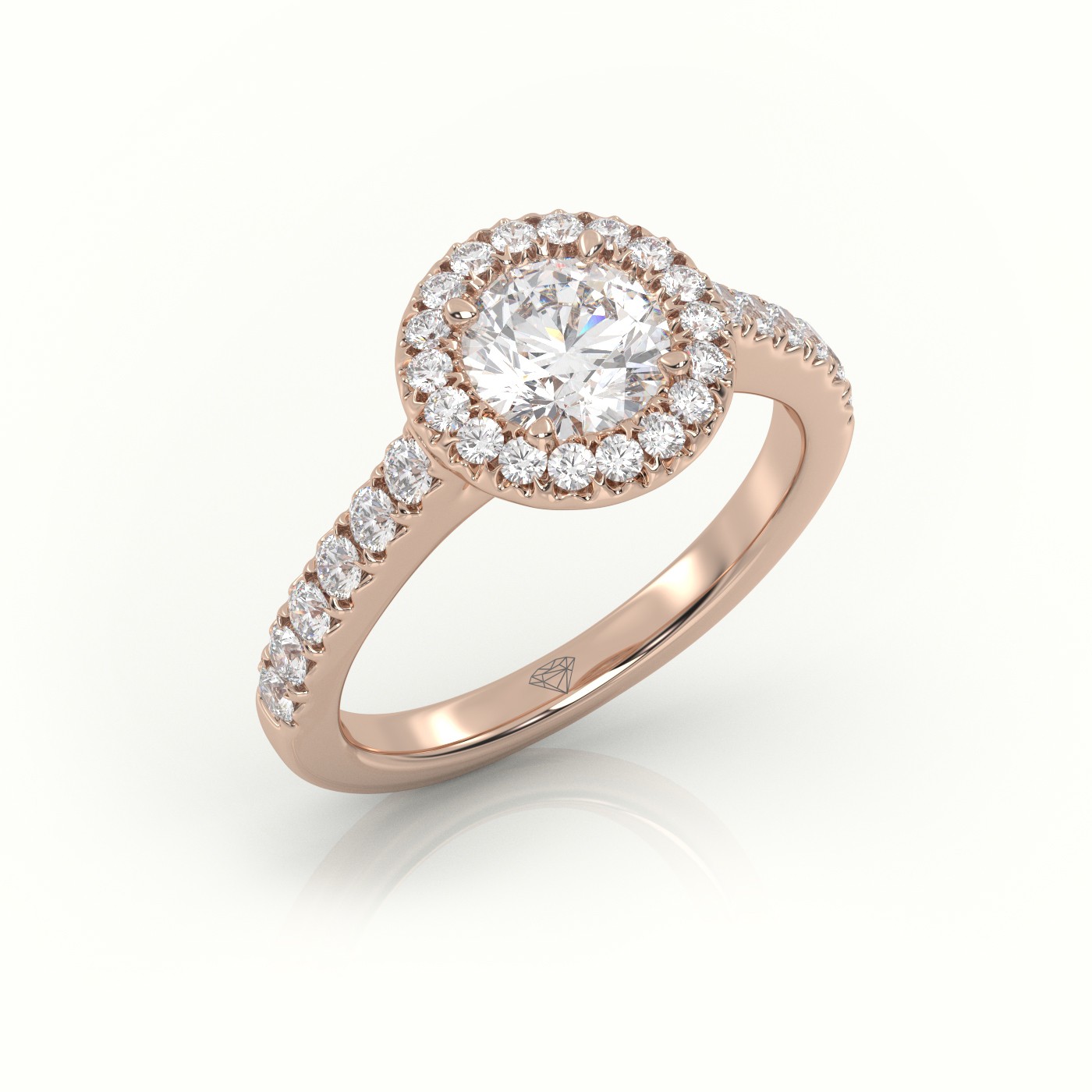 10K ROSE GOLD ROUND-CUT-DIAMOND 4 PRONGS HALO SCALLOP SETTING ENGAGEMENT RING