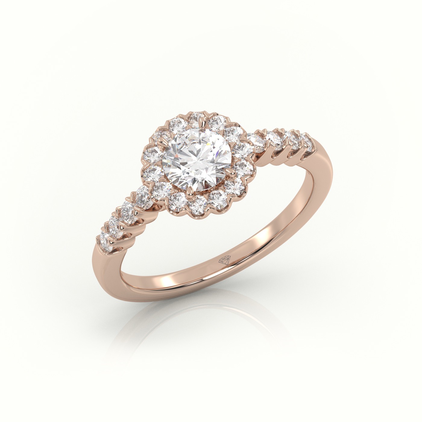 10K ROSE GOLD ROUND CUT DIAMOND 4 PRONGS FLORAL HALO SCALLOP SETTING ENGAGEMENT RING