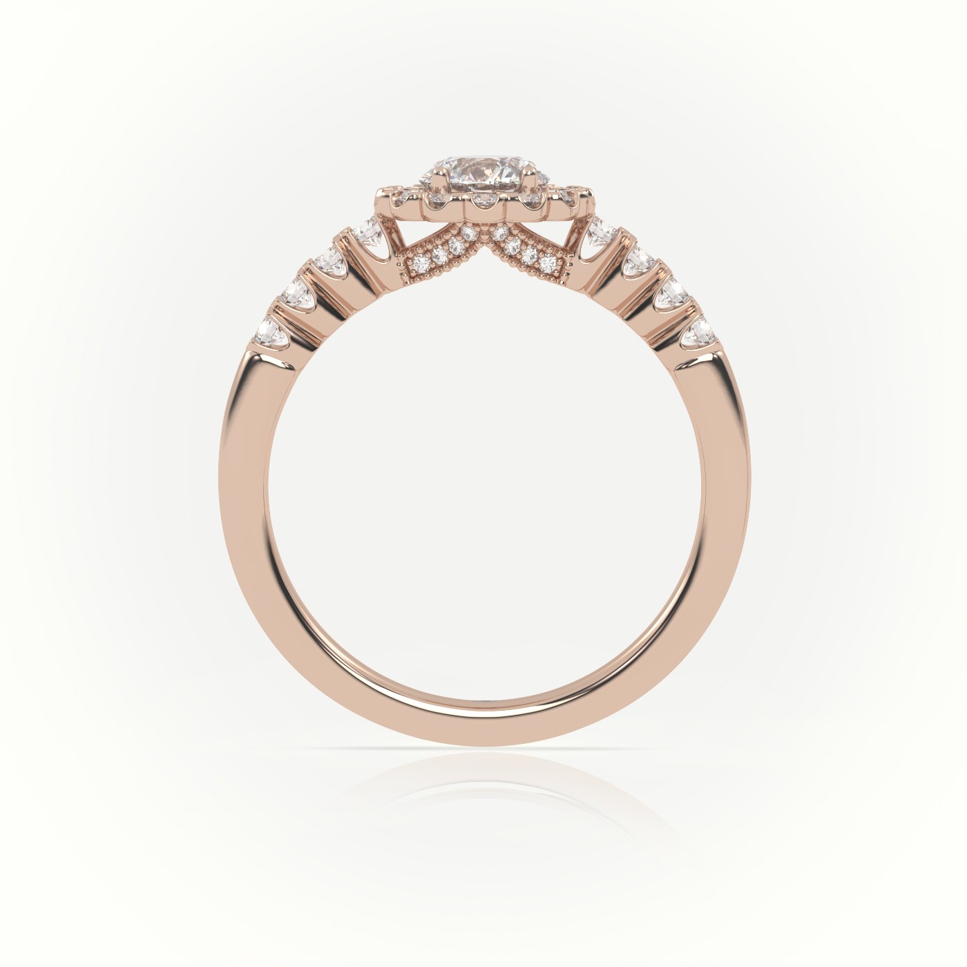 10K ROSE GOLD ROUND CUT DIAMOND 4 PRONGS FLORAL HALO SCALLOP SETTING ENGAGEMENT RING