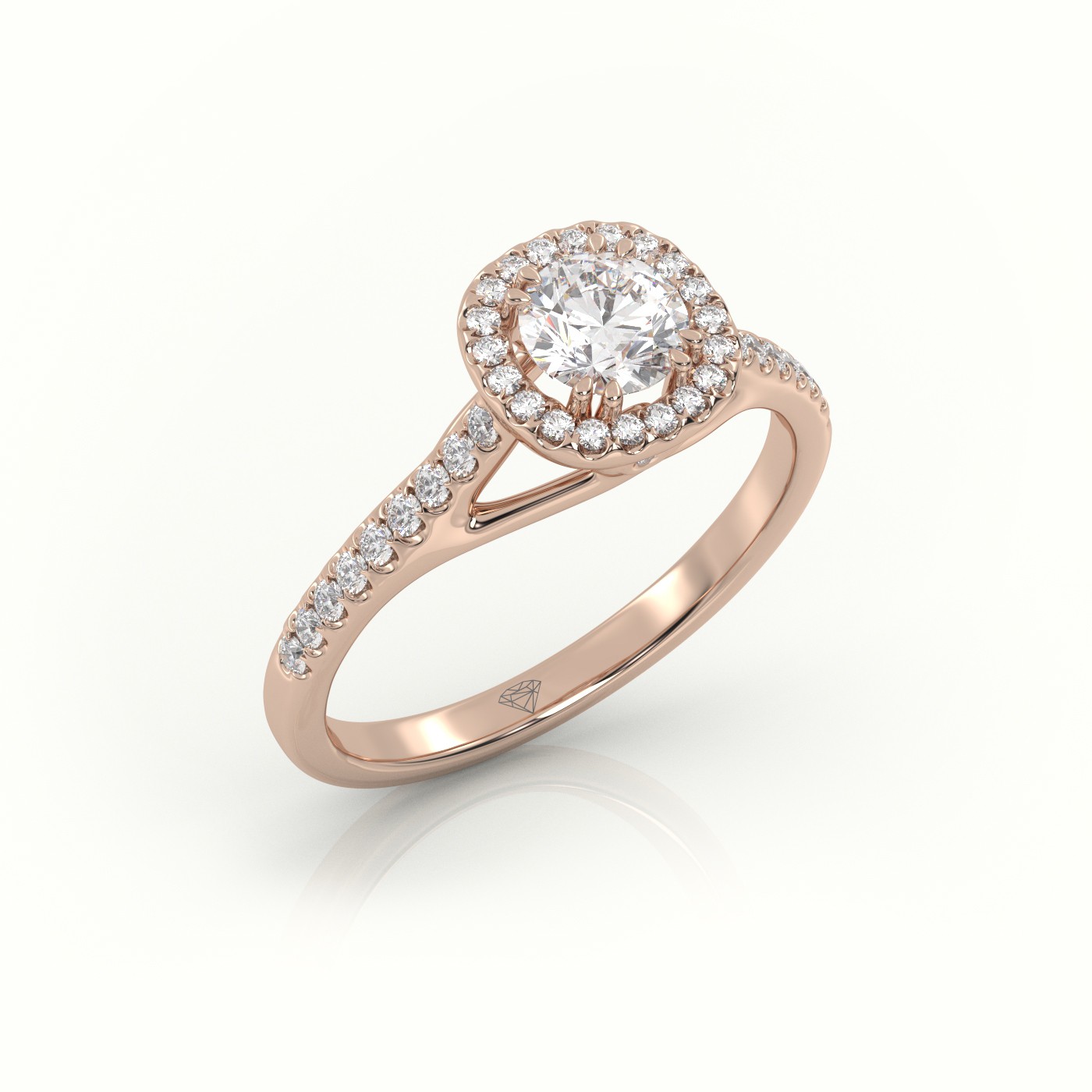 10K ROSE GOLD ROUND CUT DIAMOND 8 PRONGS HALO SCALLOP SETTING ENGAGEMENT RING