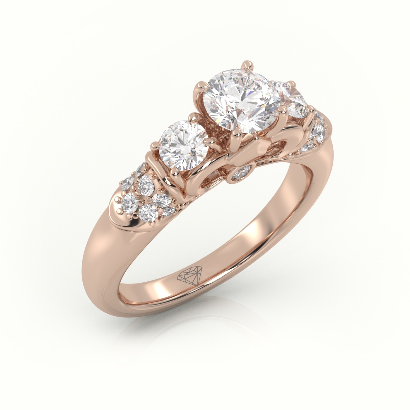 10K ROSE GOLD ROUND CUT DIAMOND 4 PRONGS SIDE STONE DESIGNER ENGAGEMENT RING