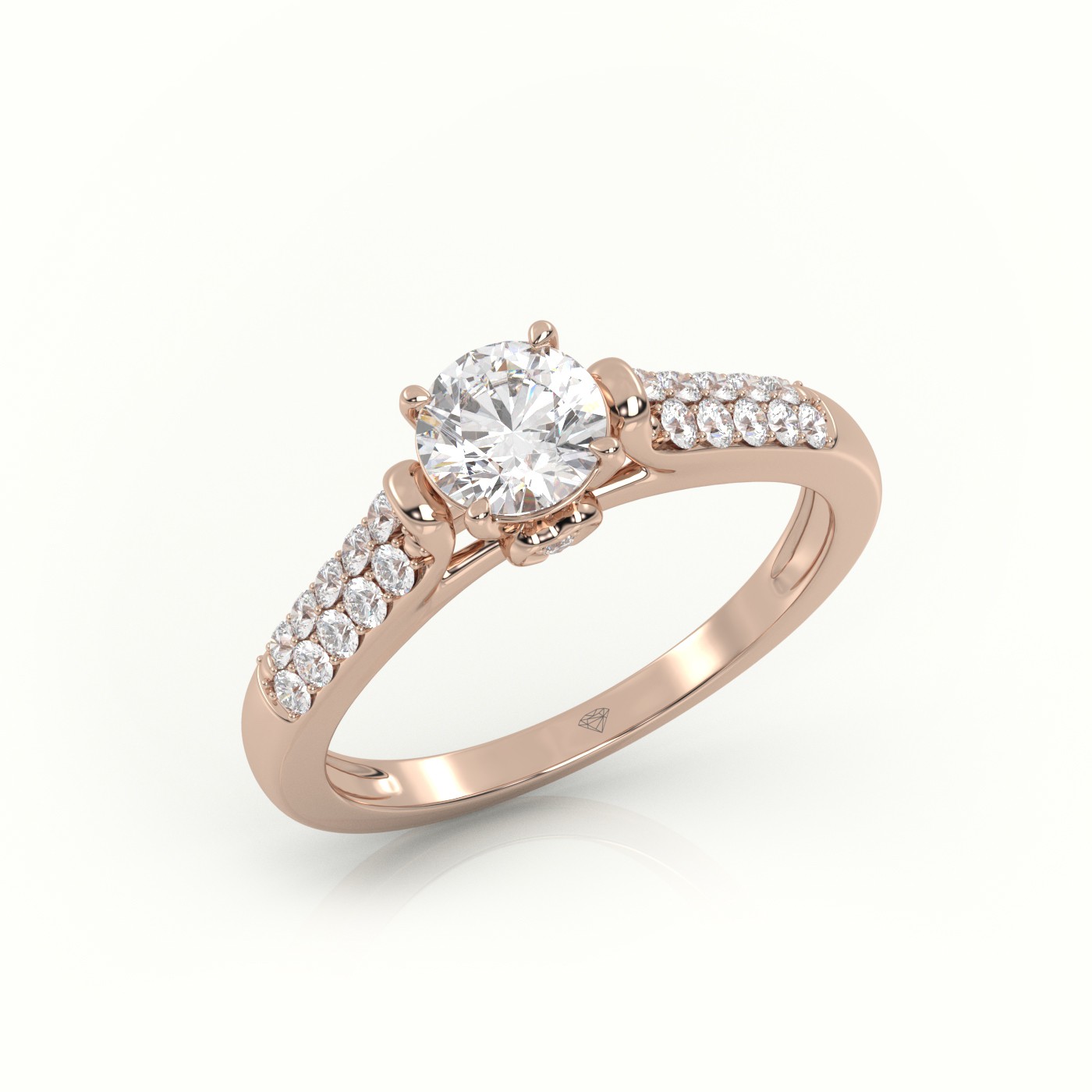 10K ROSE GOLD ROUND CUT DIAMOND 4 PRONGS DOUBLE PAVE SETTING ENGAGEMENT RING