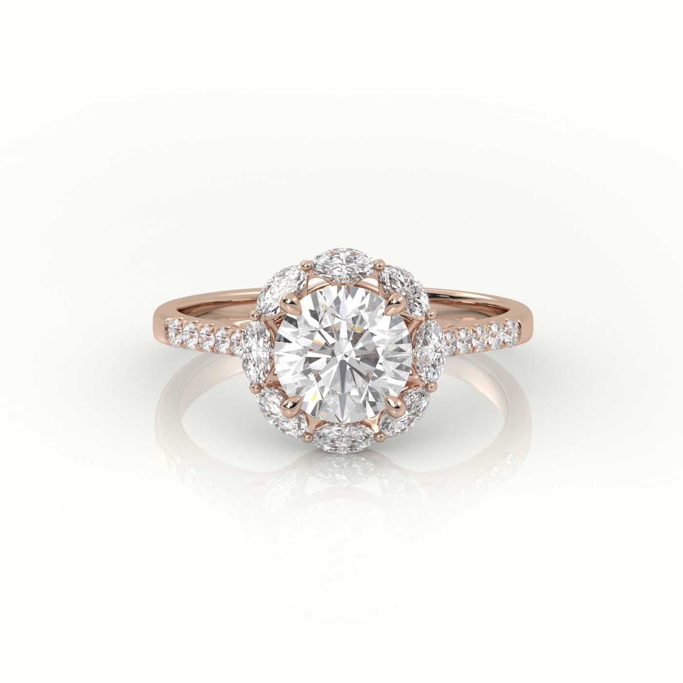 10K ROSE GOLD ROUND CUT DIAMOND 4 PRONGS HALO PAVE SETTING ENGAGEMENT RING