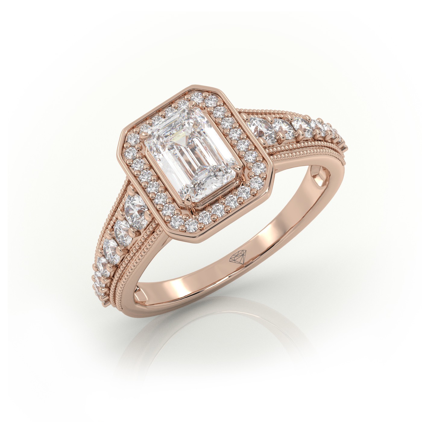 10K ROSE GOLD EMERALD CUT 4 PRONGS MILGRAIN SET DESIGNER ENGAGEMENT RING