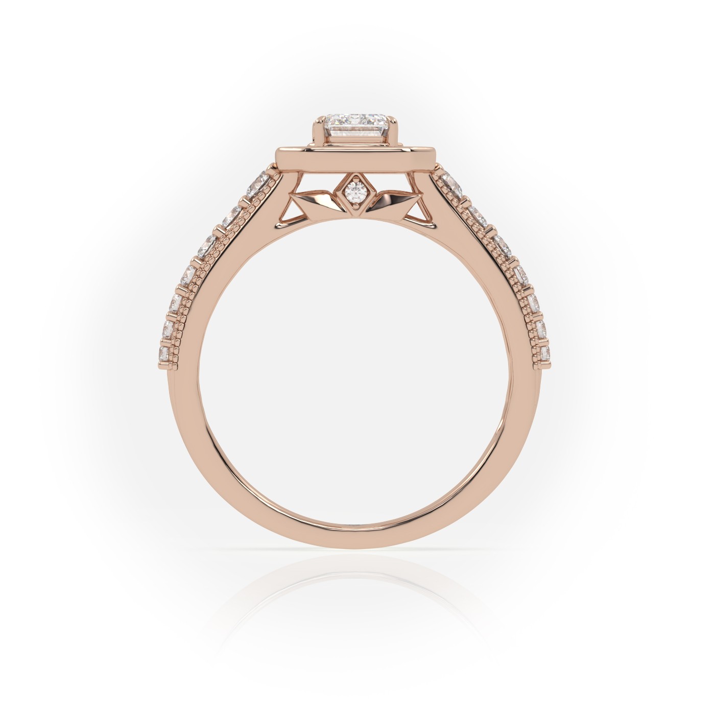 10K ROSE GOLD EMERALD CUT 4 PRONGS MILGRAIN SET DESIGNER ENGAGEMENT RING