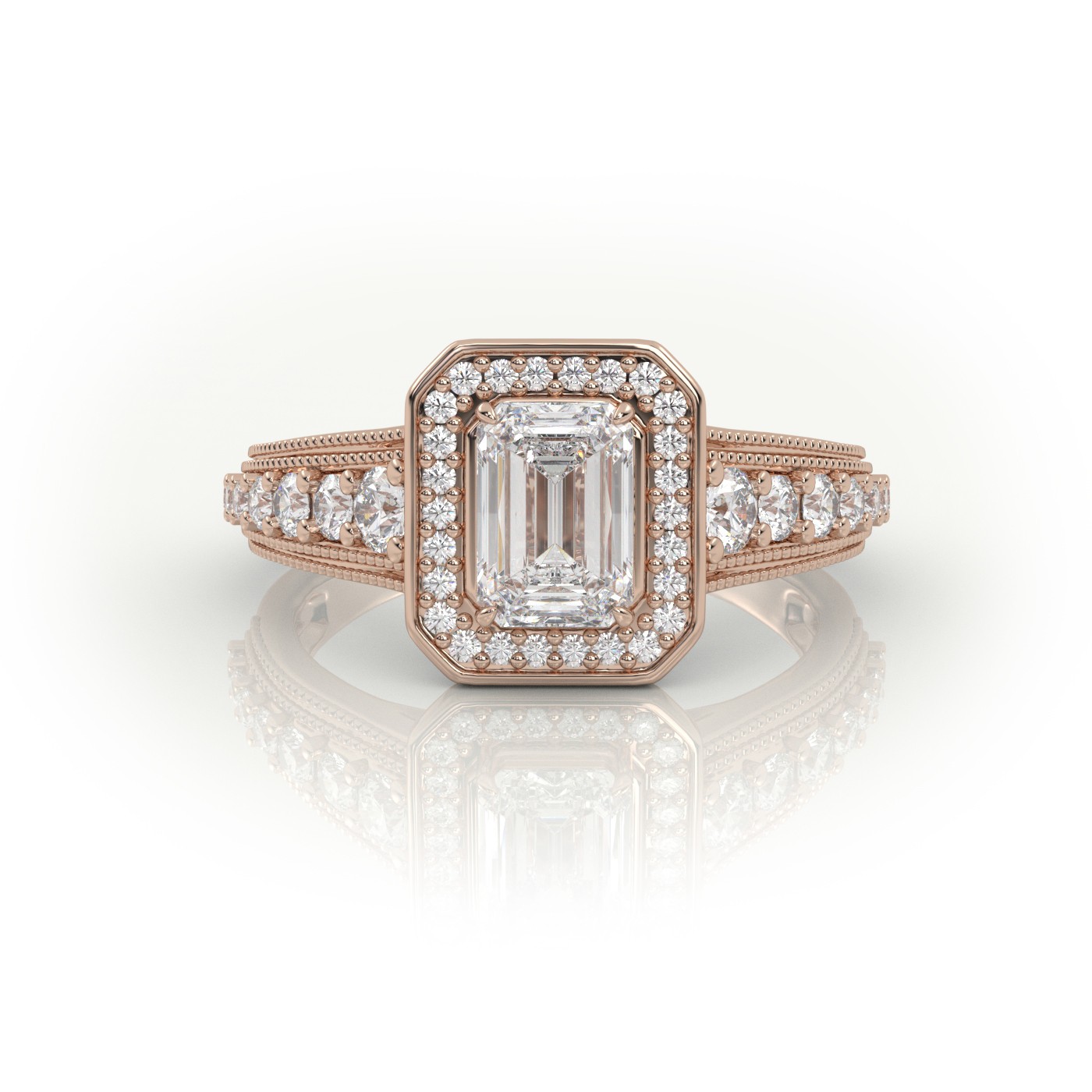 10K ROSE GOLD EMERALD CUT 4 PRONGS MILGRAIN SET DESIGNER ENGAGEMENT RING