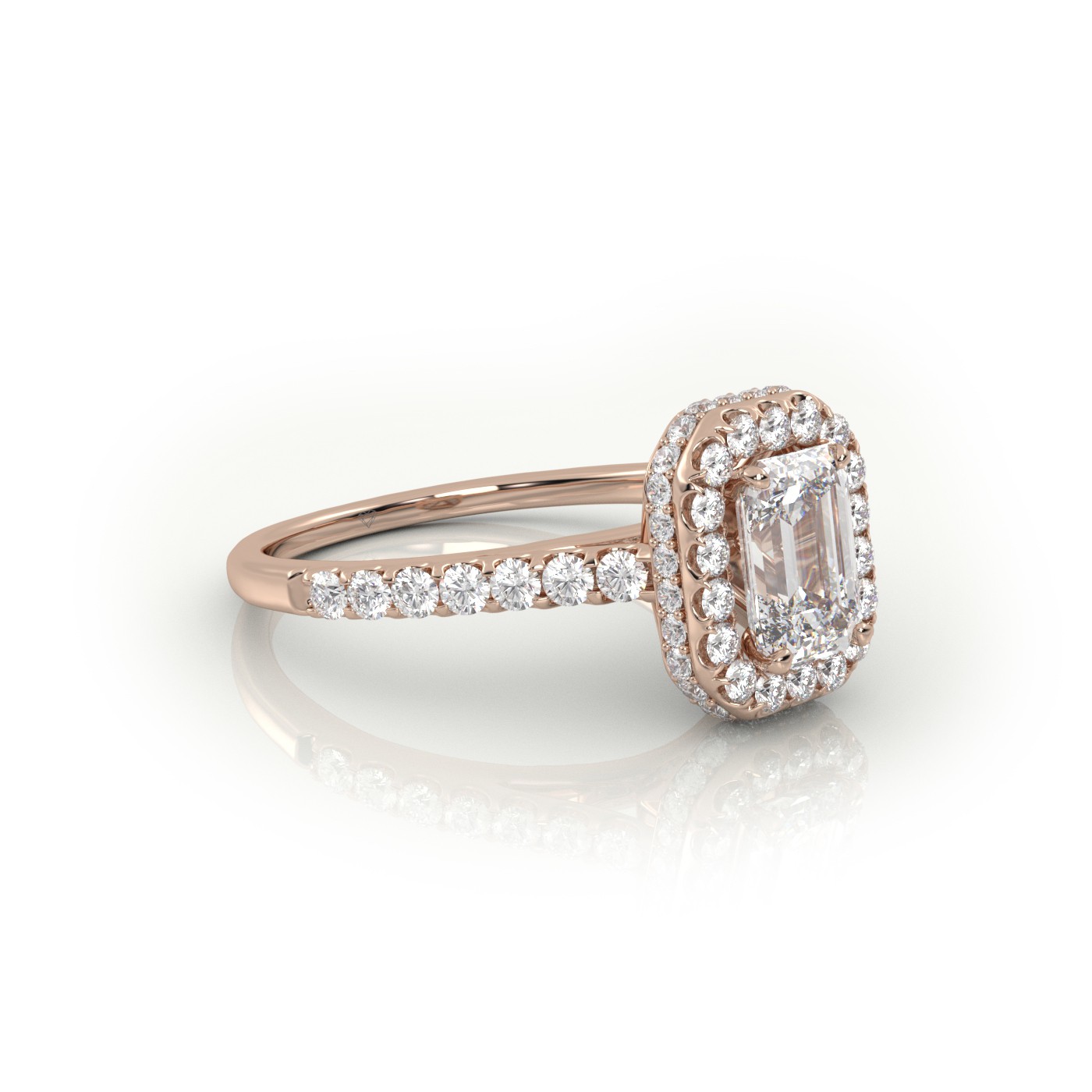 10K ROSE GOLD EMERALD CUT 4 PRONGS HALO SCALLOP SET ENGAGEMENT RING