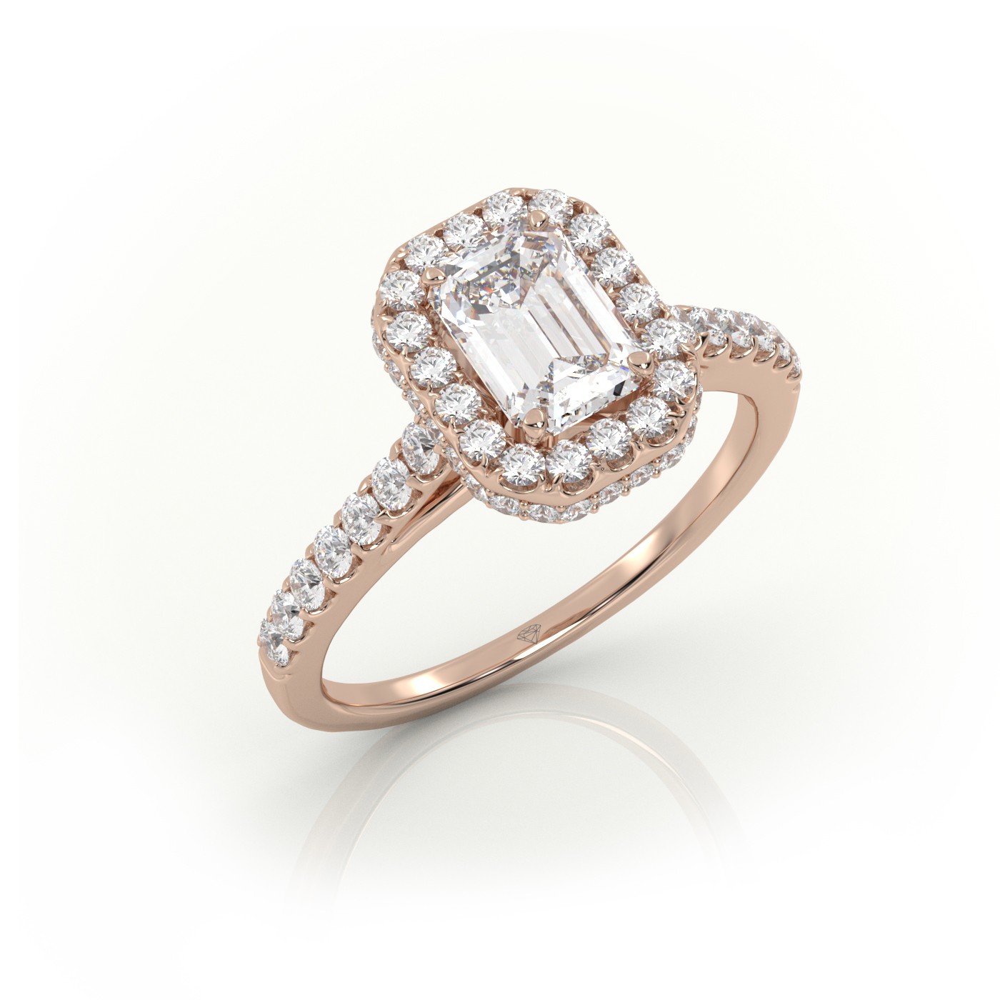 10K ROSE GOLD EMERALD CUT 4 PRONGS HALO SCALLOP SET ENGAGEMENT RING