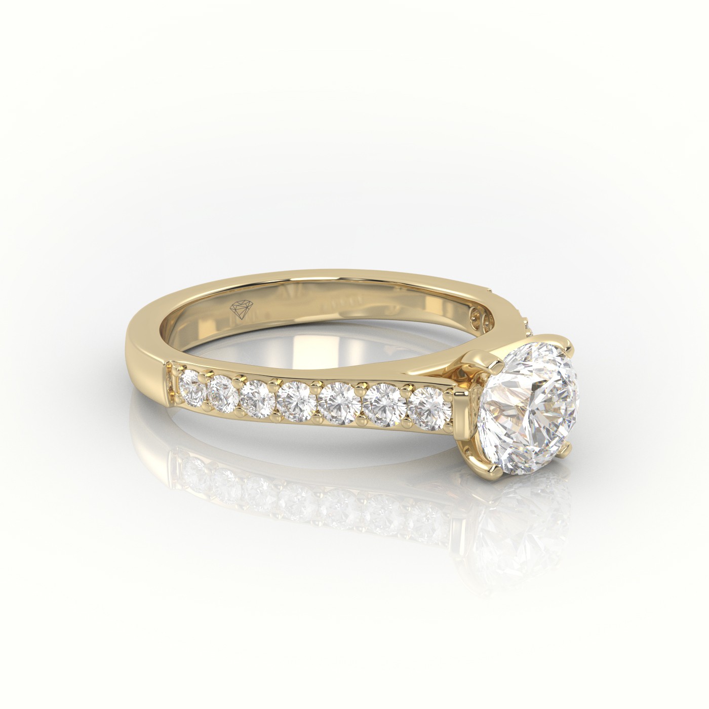 18K YELLOW GOLD ROUND-CUT DIAMOND 4 PRONG PAVE SETTING ENGAGEMENT RING