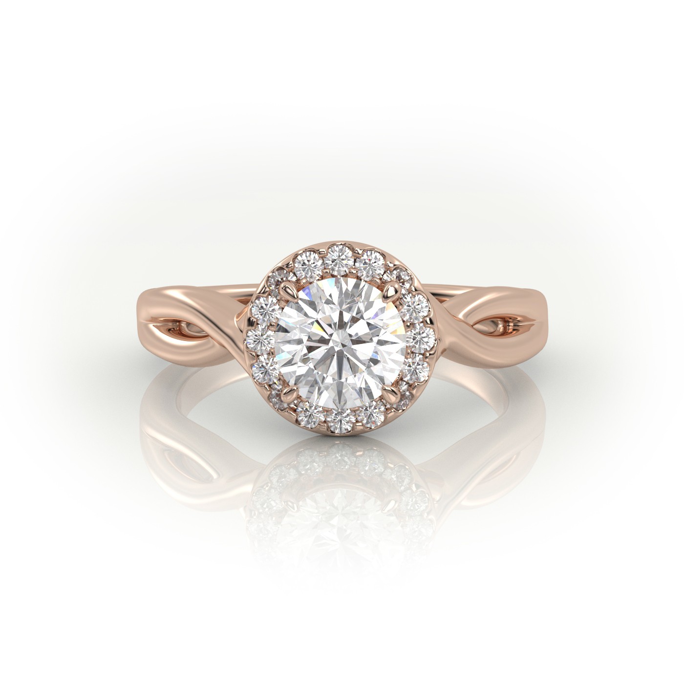 10K ROSE GOLD ROUND CUT 4 PRONGS HALO TWISTED DESIGNER ENGAGEMENT RING