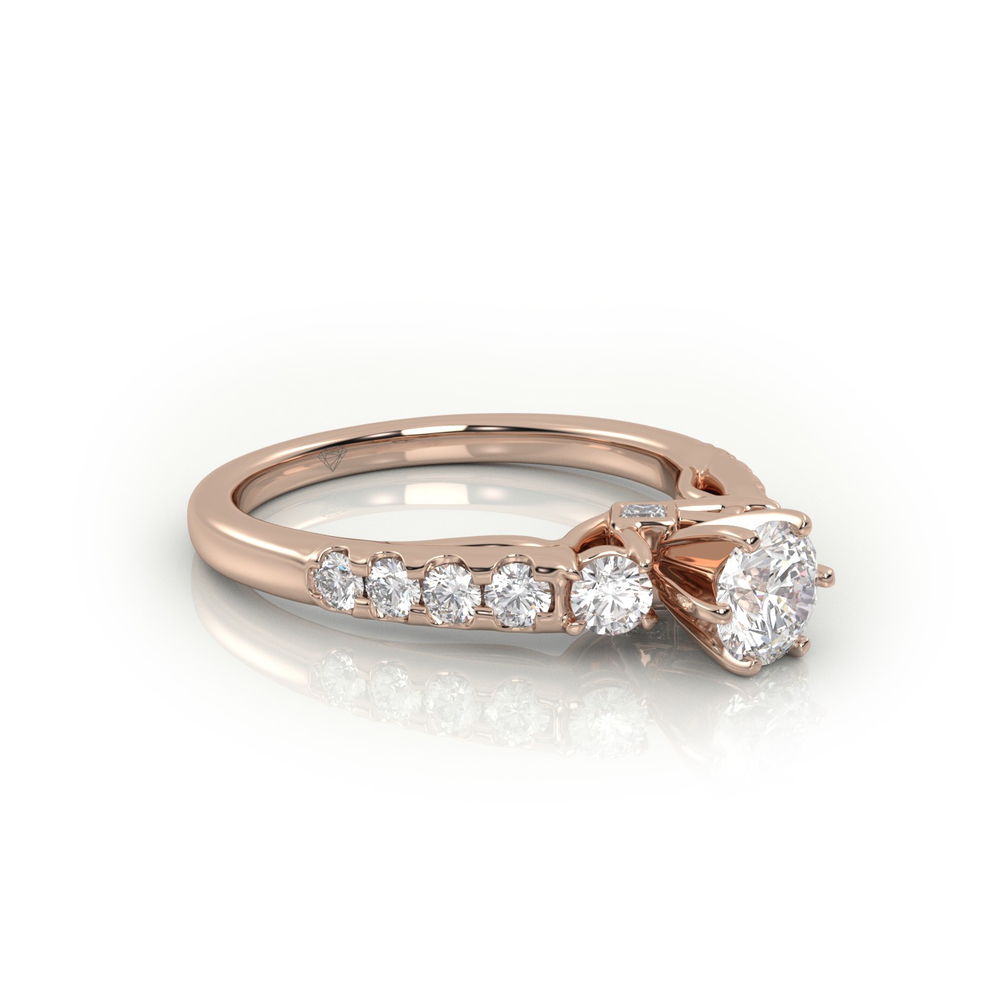 10K ROSE GOLD ROUND CUT 6 PRONGS SIDE STONE SCALLOP SET ENGAGEMENT RING