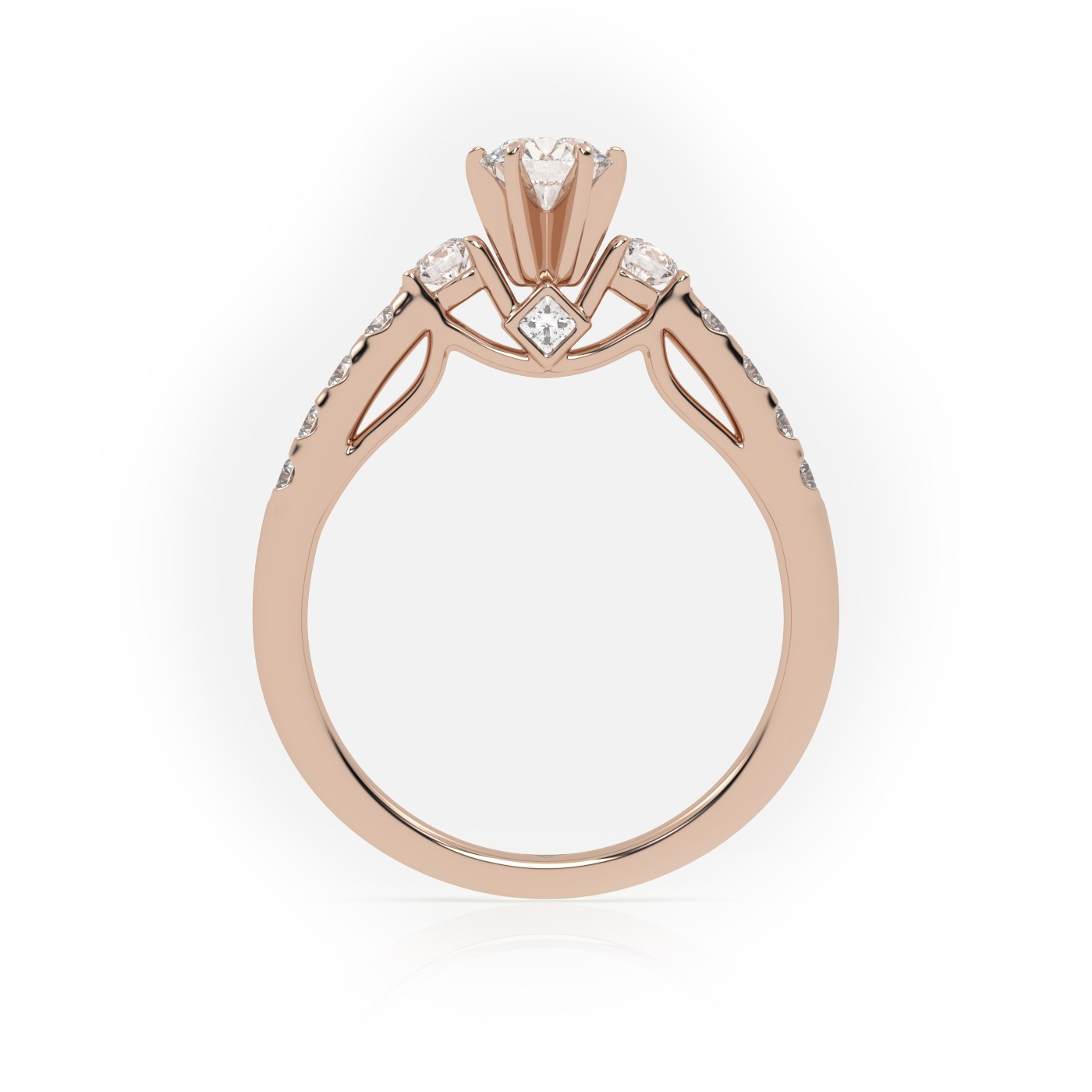 10K ROSE GOLD ROUND CUT 6 PRONGS SIDE STONE SCALLOP SET ENGAGEMENT RING